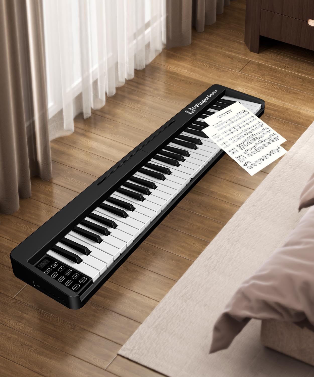 Finger Dance Klappbare Klaviertastatur mit 61 Tasten, Upgrand Holzimitat Tastatur Tragbares Klavier, Bluetooth & MIDI, Faltbares Keyboard Piano für Anfänger - Tiefschwarz