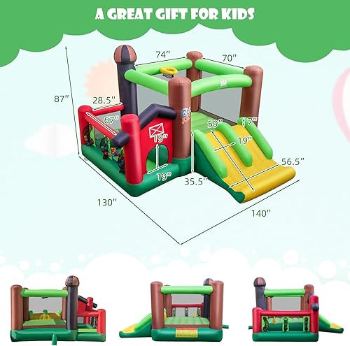 Miniatura 8 de HONEY JOY Casa hinchable de rebote con temática de granja para niños en interiores y exteriores, toboganes dobles, estacas para el suelo, casa