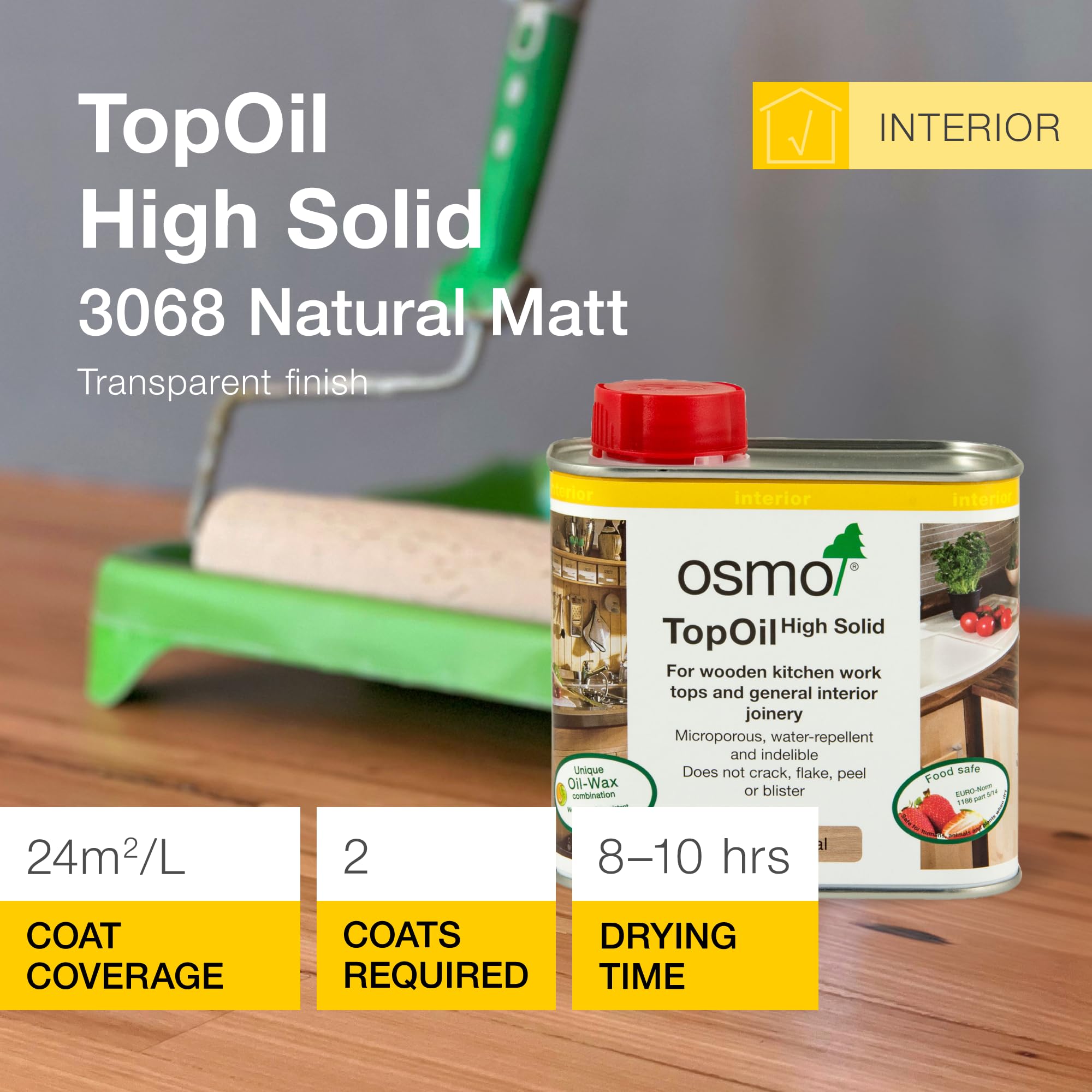 Osmo TopOil - Aceite de Alto Contenido Sólido 3068, Natural Mate, 500ml - Aceite de Madera Duradero para Superficies de Cocina de Madera, Resistente al Agua y Seguro para Alimentos, Tratamiento y