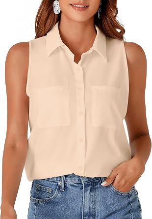 Rooscier Womens Collar V Neck Sleeveless Button Down Blouse Top Shirt with Pockets