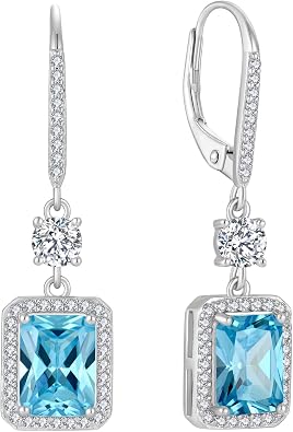 FJ Emerald Cut Dangle Drop Earrings 925 Sterling Silver Birthstone Jewelry