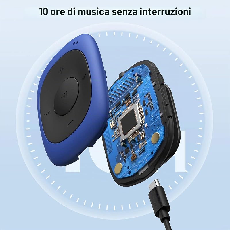 MP3 player cu clips AGPTEK cu radio FM, player muzical portabil cu husă din silicon, MP3 WMA WAV, 8 GB, albastru