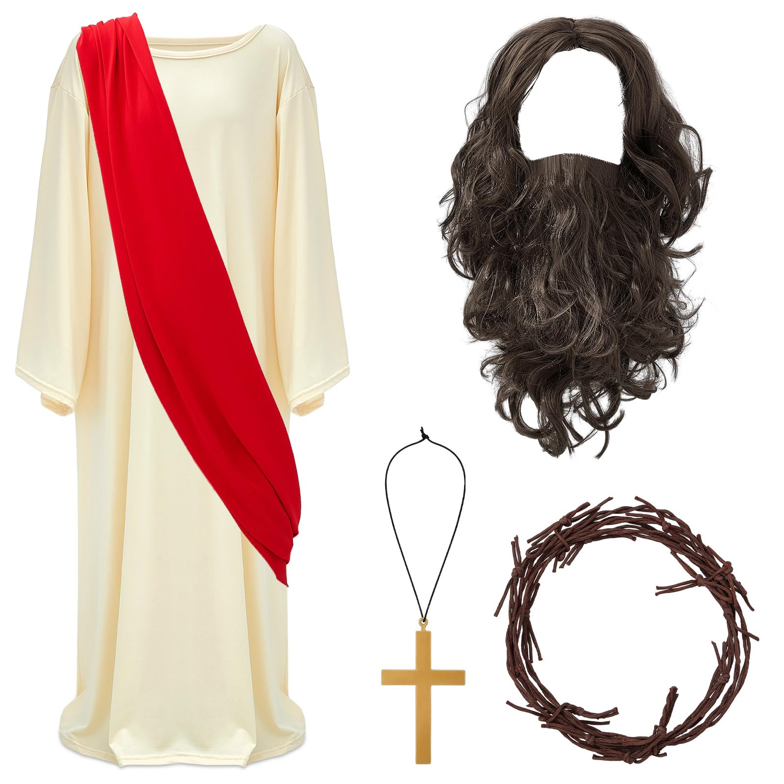 4 Pcs Kid Jesus Costume Cosplay Accessories 100th Day of School Include Jesus Christ Costume Brown Long Beard Wig Cross Religious Easter Wreath Crown of Thorns for Child Christian X-Large
