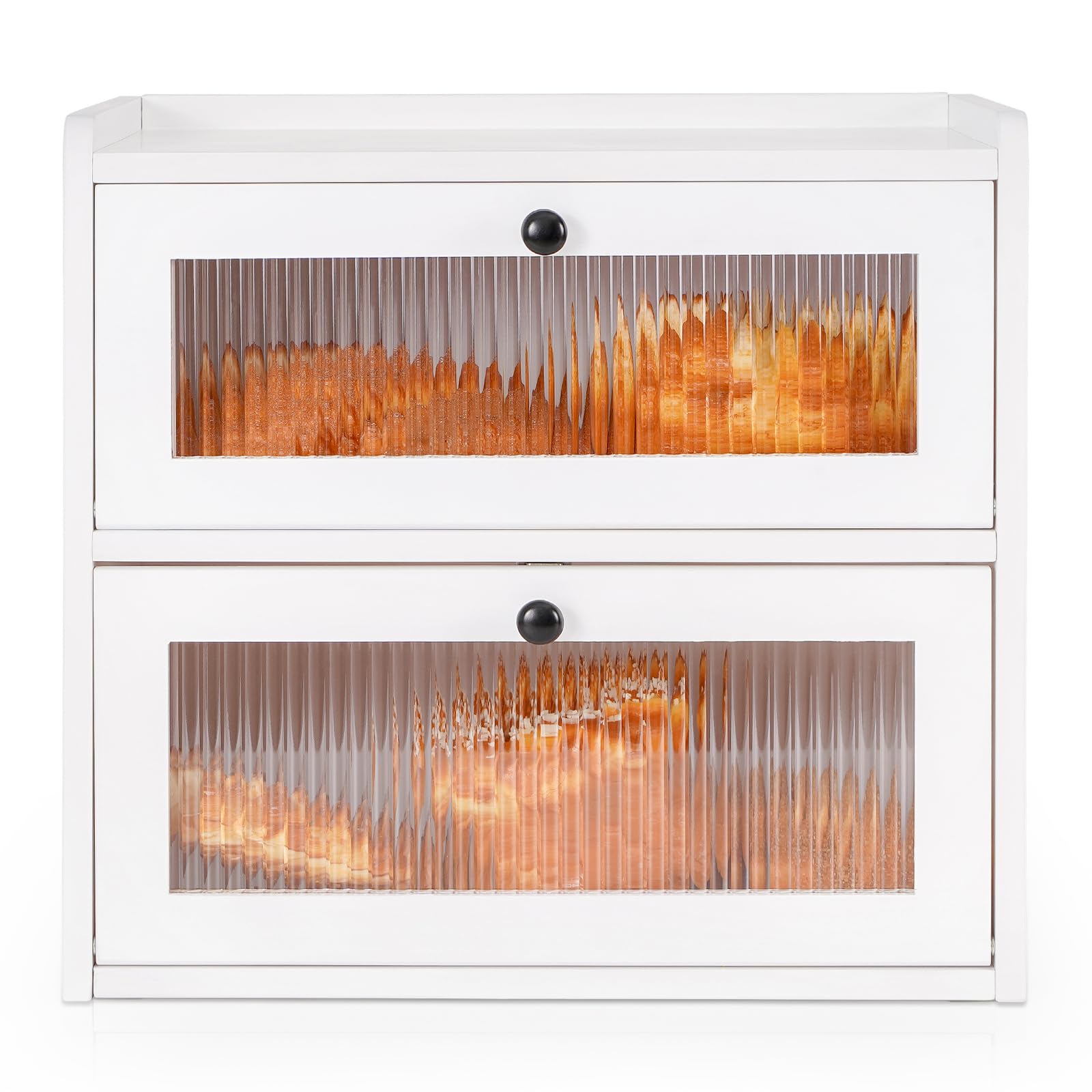 GUUSII HOME Bread Bin Wooden Breads Storage Box for Kitchen Countertop Double Decker Large Food Container Homemade Front Opening Vintage Tall Fruit & Veg Cupboard Keep Fresh 36.5x24x34 cm(White, L)
