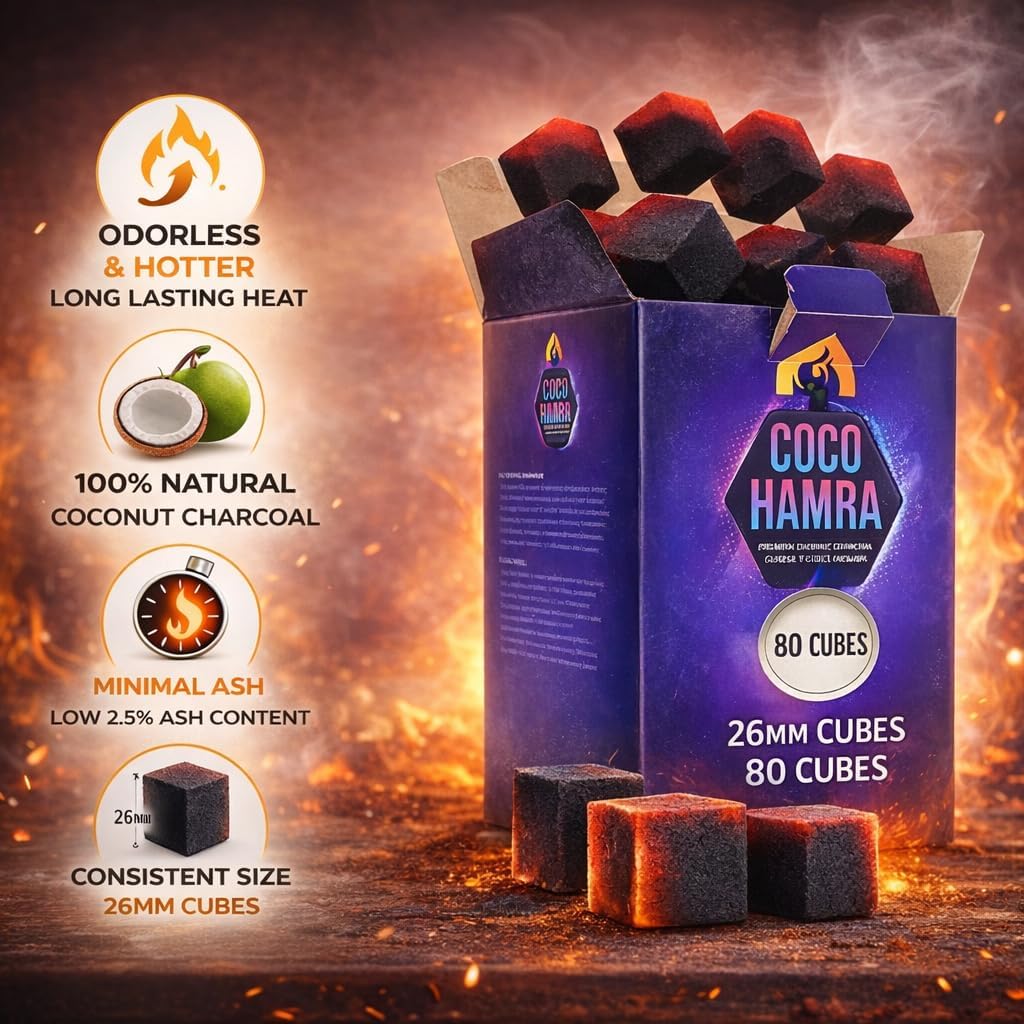 Coco Hamra 10KG Coconut Hookah Charcoal Cubes – 26MM Natural Shisha Coals – 8 Boxes (80 Cubes Each) 640 Total – Low Ash, Long Lasting, Odorless – Bulk Case for Lounge & Home
