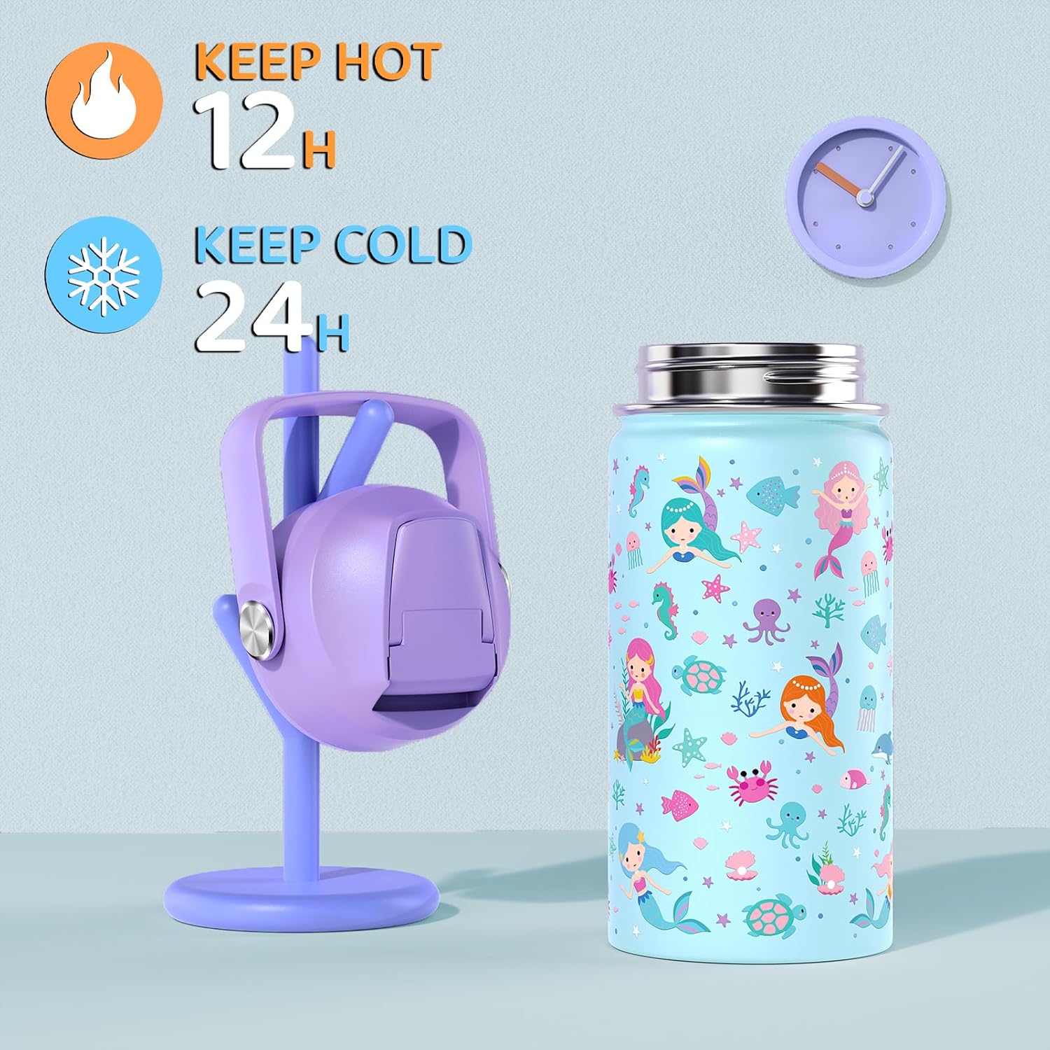 Bevalsa Kids Backpack for Girls with Insulated Water Bottle, Blue Cute Bookbag for Girls Kid, 14oz Termos Kids Water Bottle, Insulated Lunch Bag & Pencial Case, Back To School Gift (Mermaid)