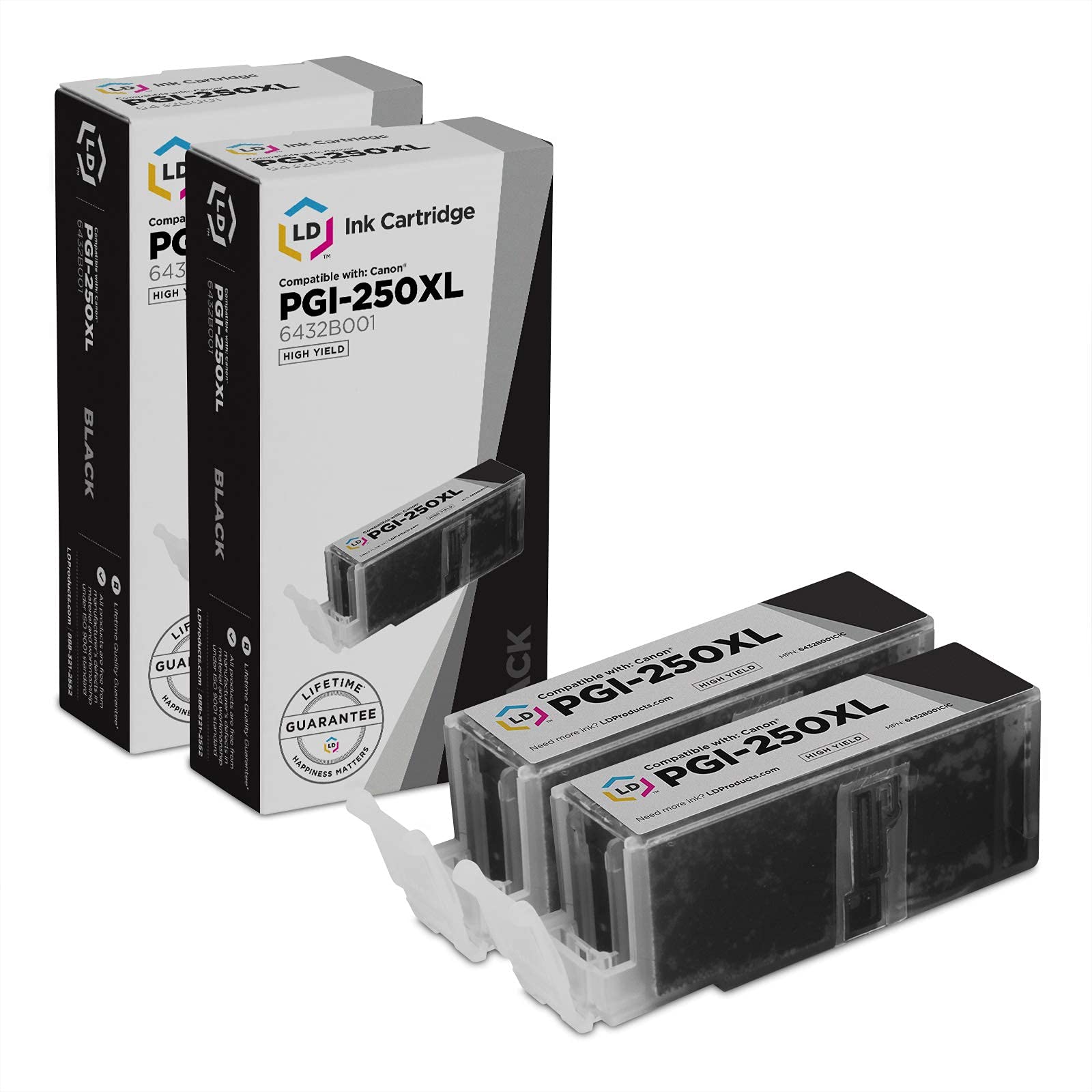 LD © Compatible Canon PGI-250XL / 6432B001 Set of 2 High Yield Pigment Black Inkjet Cartridges for PIXMA MX922, MG5420, MG6320, MX722, IP7220, MG5422,