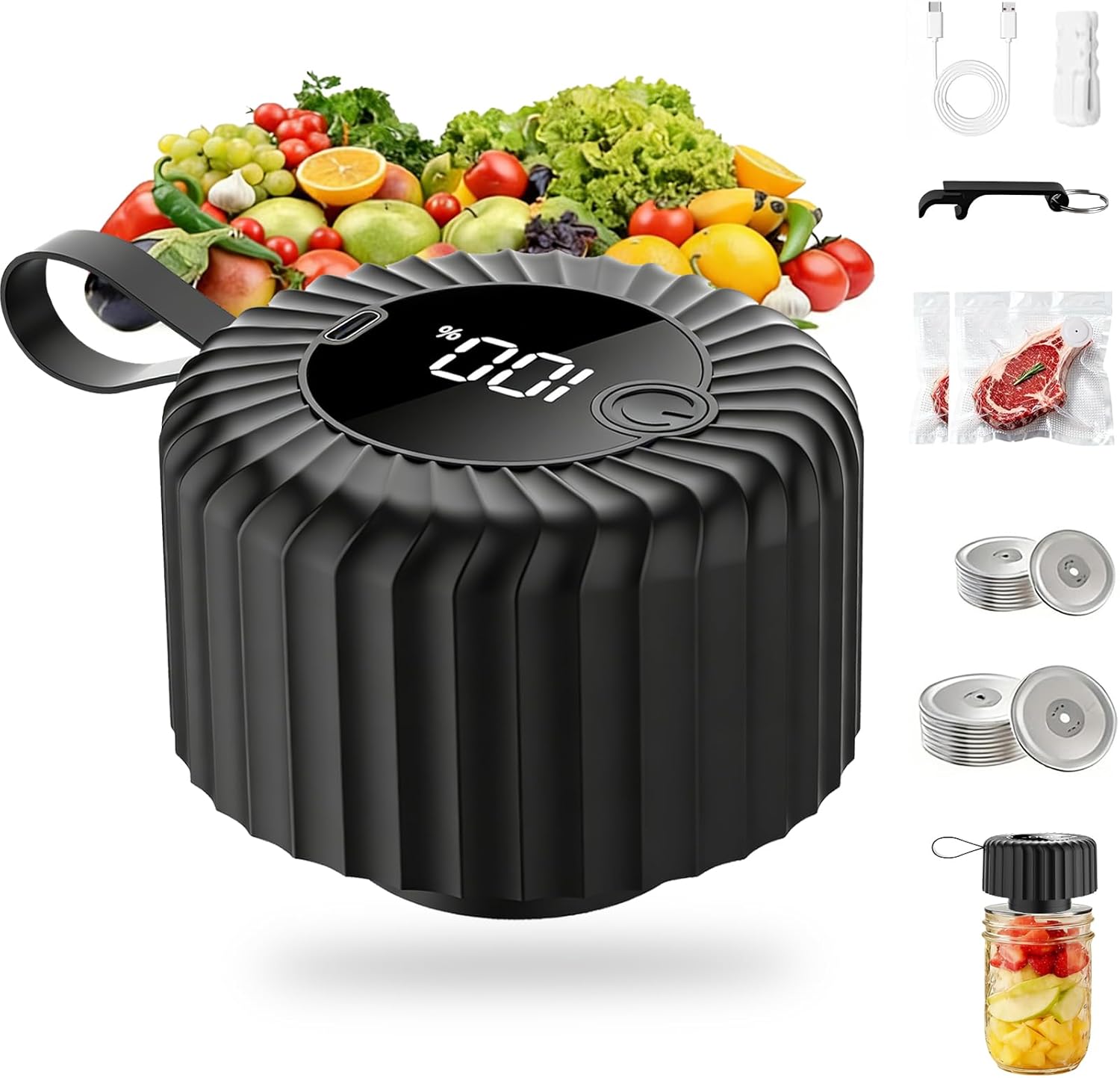 Mason Jar Vacuum Sealer Kit - Wide Mouth Regular Mouth Mason Jar Sealer, Portable Food Vacuum Sealer with 20pcs Lids/2 Vacuum Bags/Opener, for Food Storage Bags/Containers/Wine, Keep Food Fresh Longer