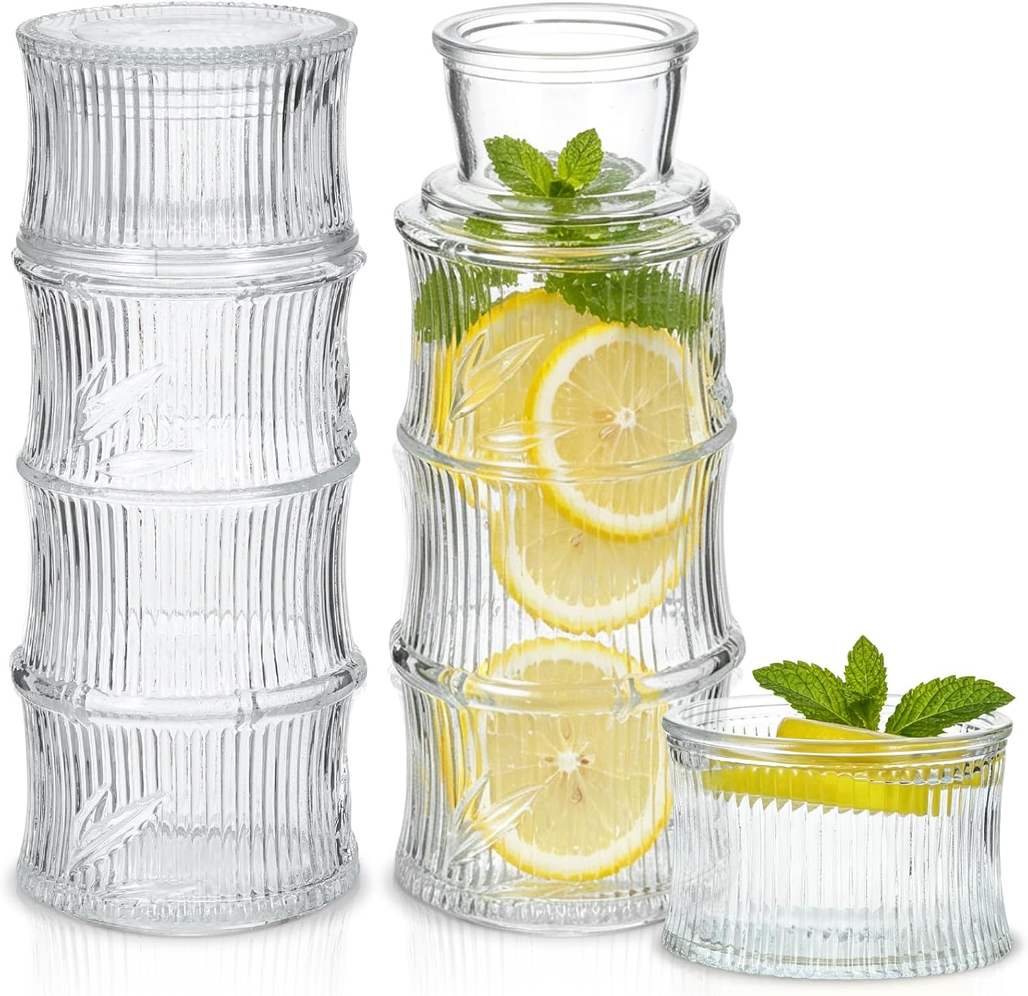 4 Pack (2 Sets) Bedside Water Carafe and Glass Set, Ribbed Glass Water Pitcher with Cup, Stackable Drinking Tumblers for Nightstand, Bathroom Mouthwash Dispenser for Home Kitchen