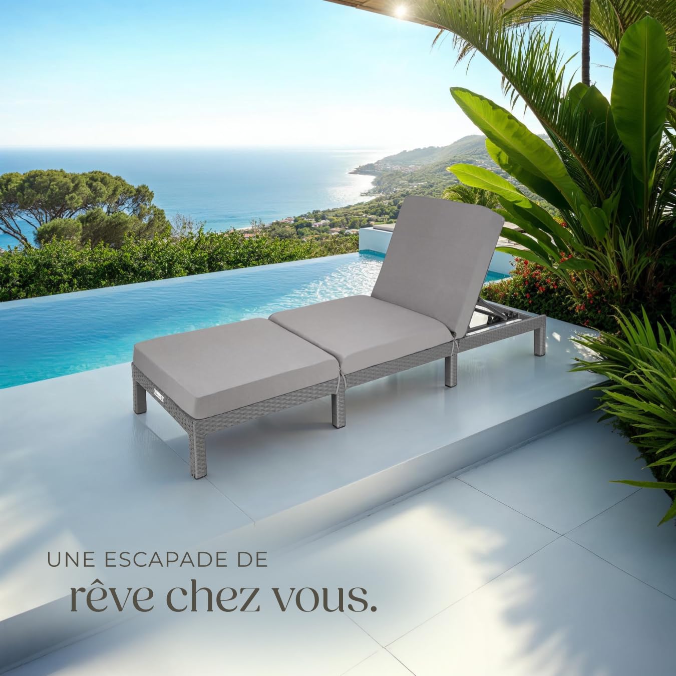 tectake® Chaise Longue Bain de Soleil en Résine Tréssée Acier Résistant Dossier Inclinable sur 6 Positions Transat Salon de Jardin Exterieur Mobilier de Jardin Chaise Longue Piscine Plage