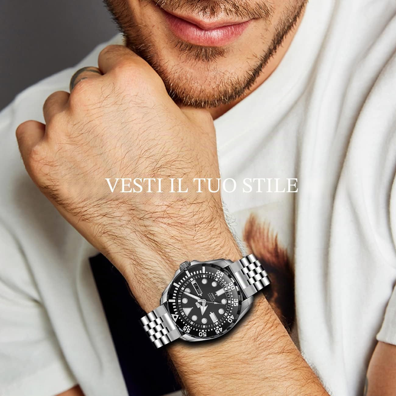 Kai Tian 3D 5 Perle Fissate Vite Rilascio Rapido Cinturino 20mm 22mm Acciaio Inossidabile Bracciale Orologio Ingegnere Chiusura Pieghevole Argento Nero