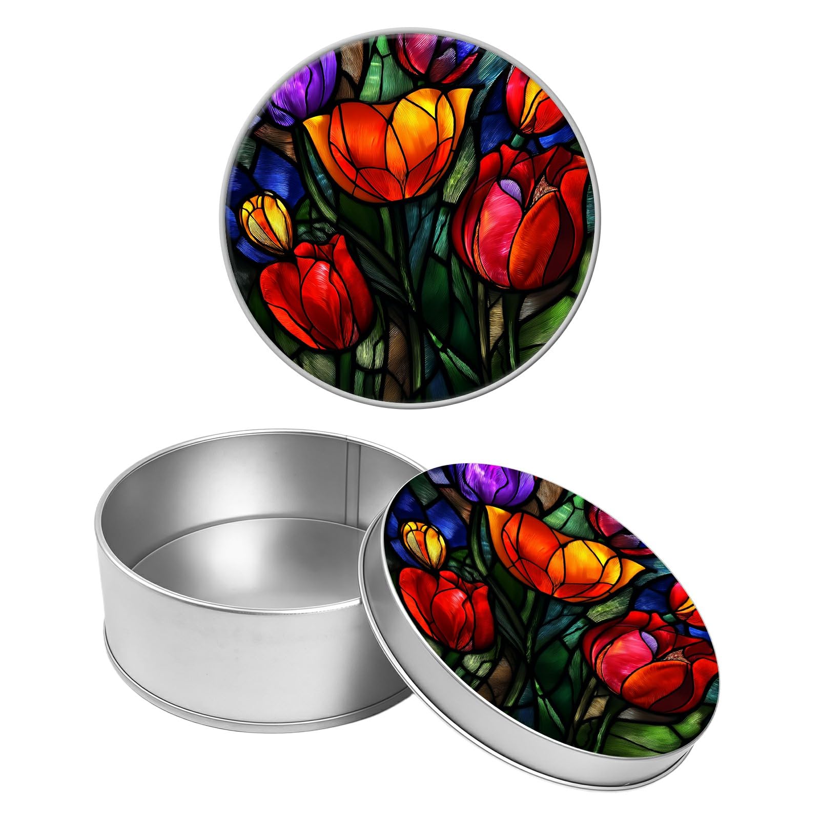 Round Metal Tin Container with Removable Lid, Glass Tulips Durable Metal Storage Box for Crafts Snacks Candies Office Supplies Small Items 3.54 x 1.38 inch– Single Pack