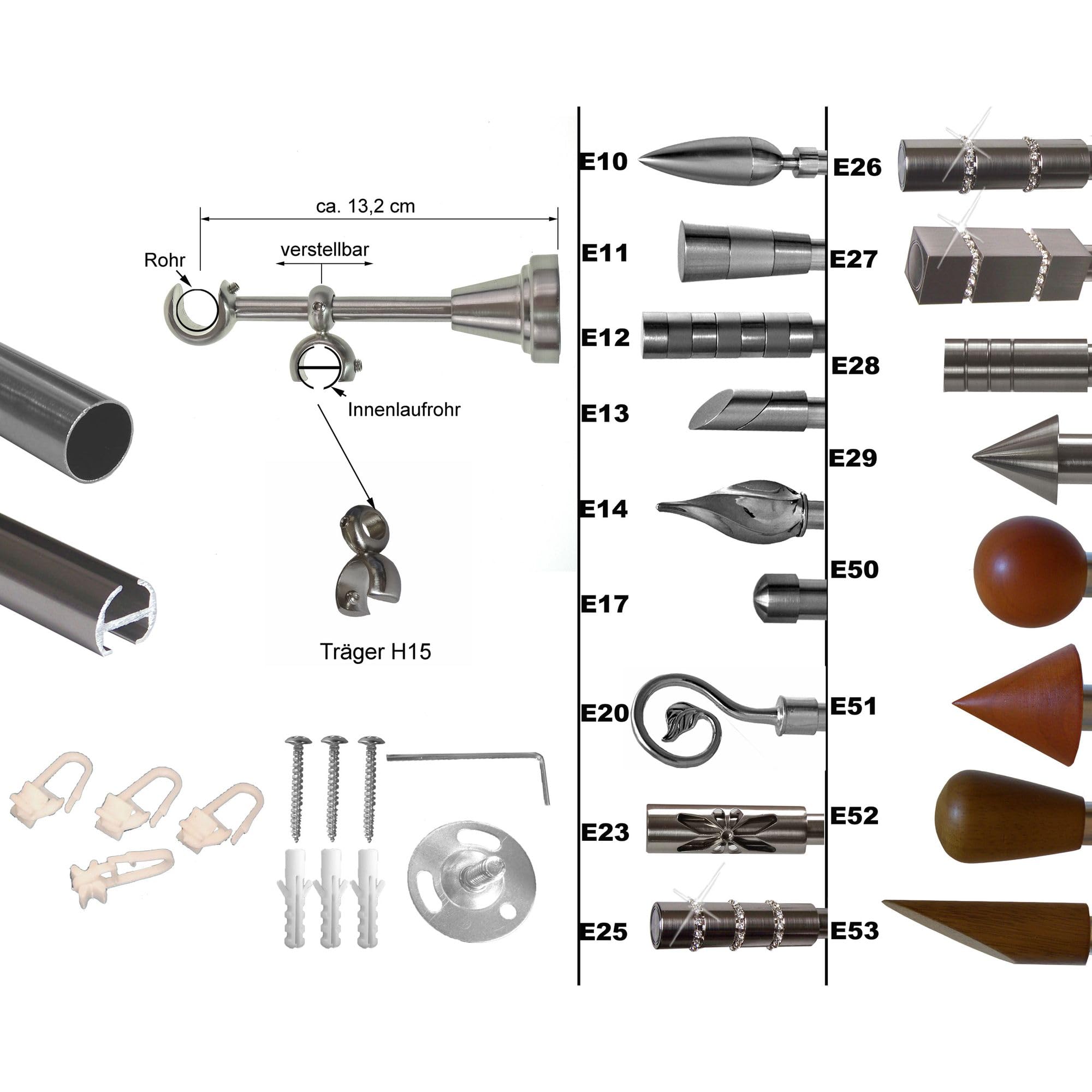 BASIT Gardinenstange Innenlauf Edelstahllook 16mm 2-läufig Wand 280cm H14RI | Gardinenstangenset doppelläufig Wandmontage Metall Vorhangstange Wandhalterung 120-600cm wählbar Kappe Zylinder E28