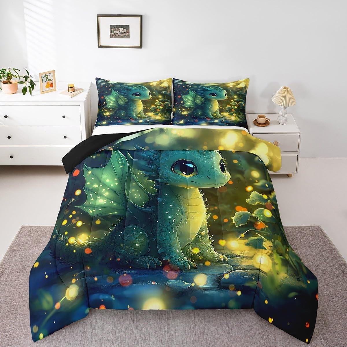 Couette sans housse lavable 240x260 avec microfibre douce motif dragon vert mignon