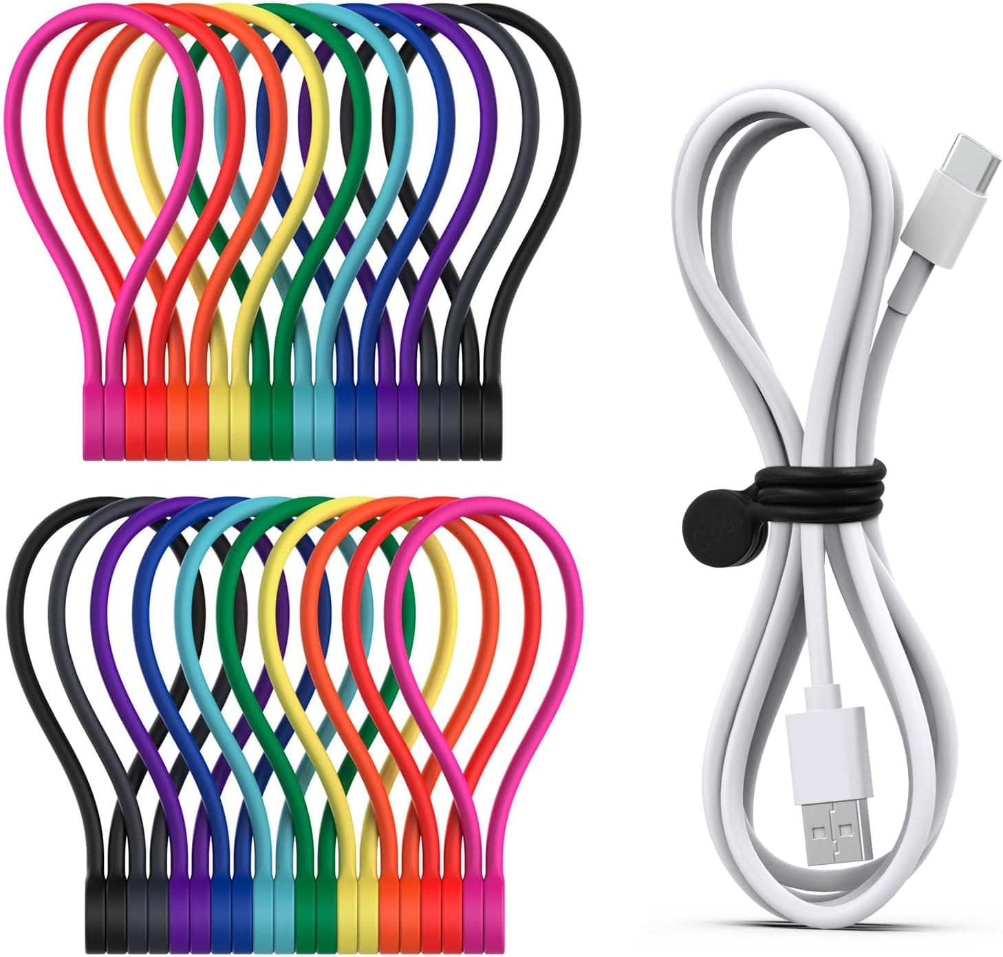 Smart&Cool Reusable Magnetic Cable Ties for Bundling and Organizing Holding Stuff, Headphone Cables, USB Charging Cords, Whiteboard Fridge Magnets, Silicone Cord Winder 10 Colors - 20 Pack