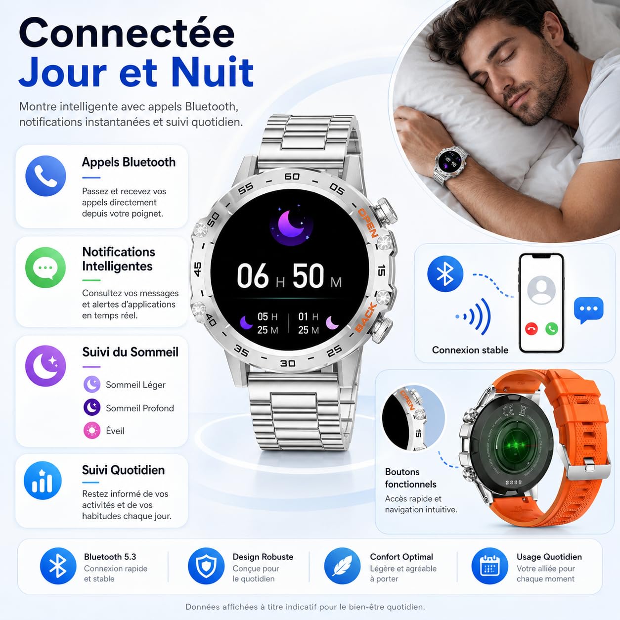 Onyxus Fitforce K52 Montre Connectée Bluetooth avec Appels, Écran Renforcé, Suivi du Sommeil, Autonomie 5 à 7 Jours, Montre Sport Étanche pour Homme Femme (Orange)