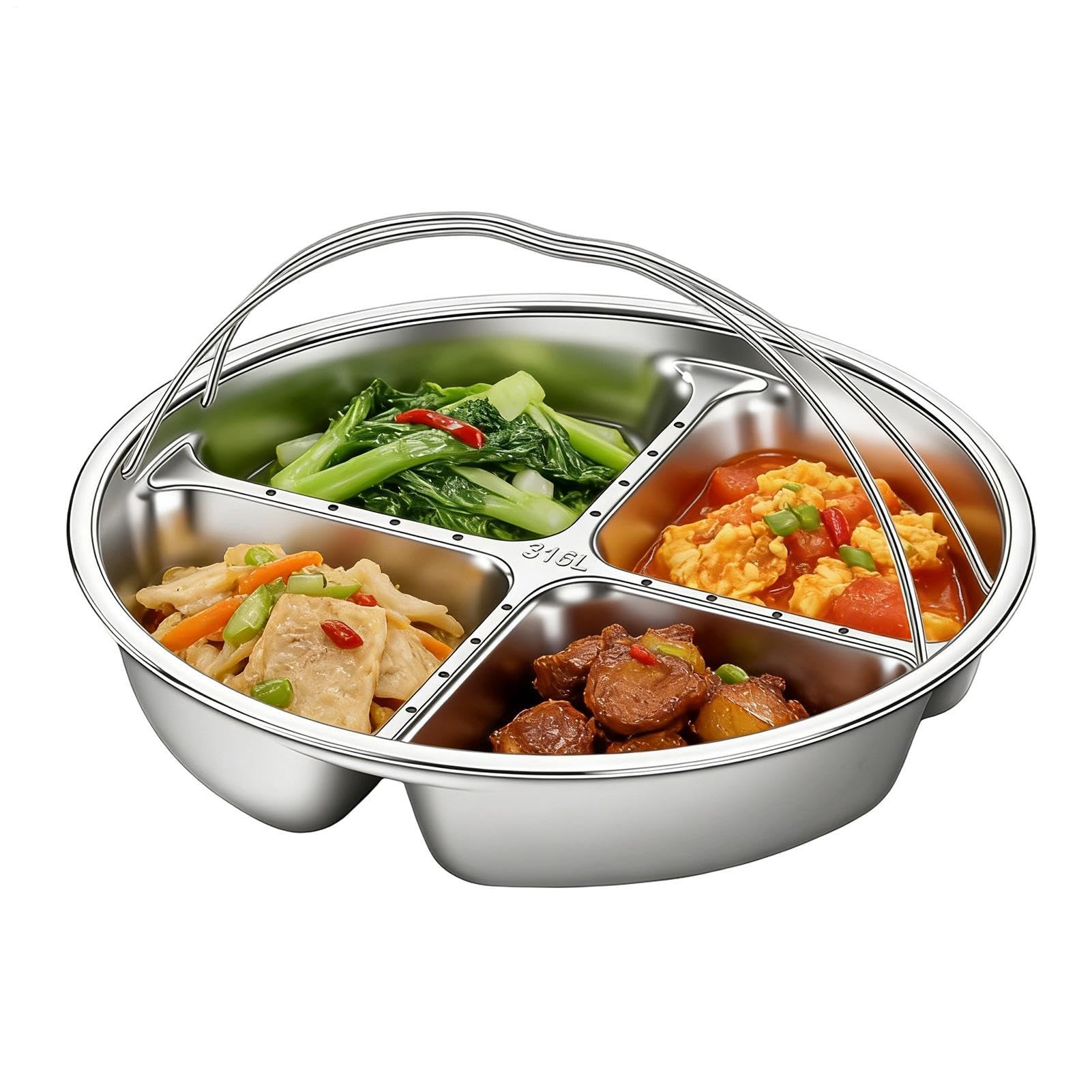 Assiette à collation divisée inox poignée : service facile sans casse