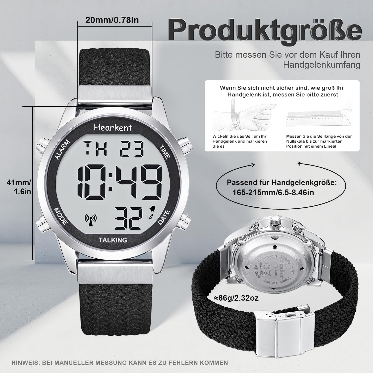 Hearkent Herren Sprechende Uhr Sehbehinderte Funkuhr-Deutscher Stimme-2306 | LCD Große Zahl Leicht zu Lesen-Seniorenuhr Armbanduhr für Senioren,Blindenuhr