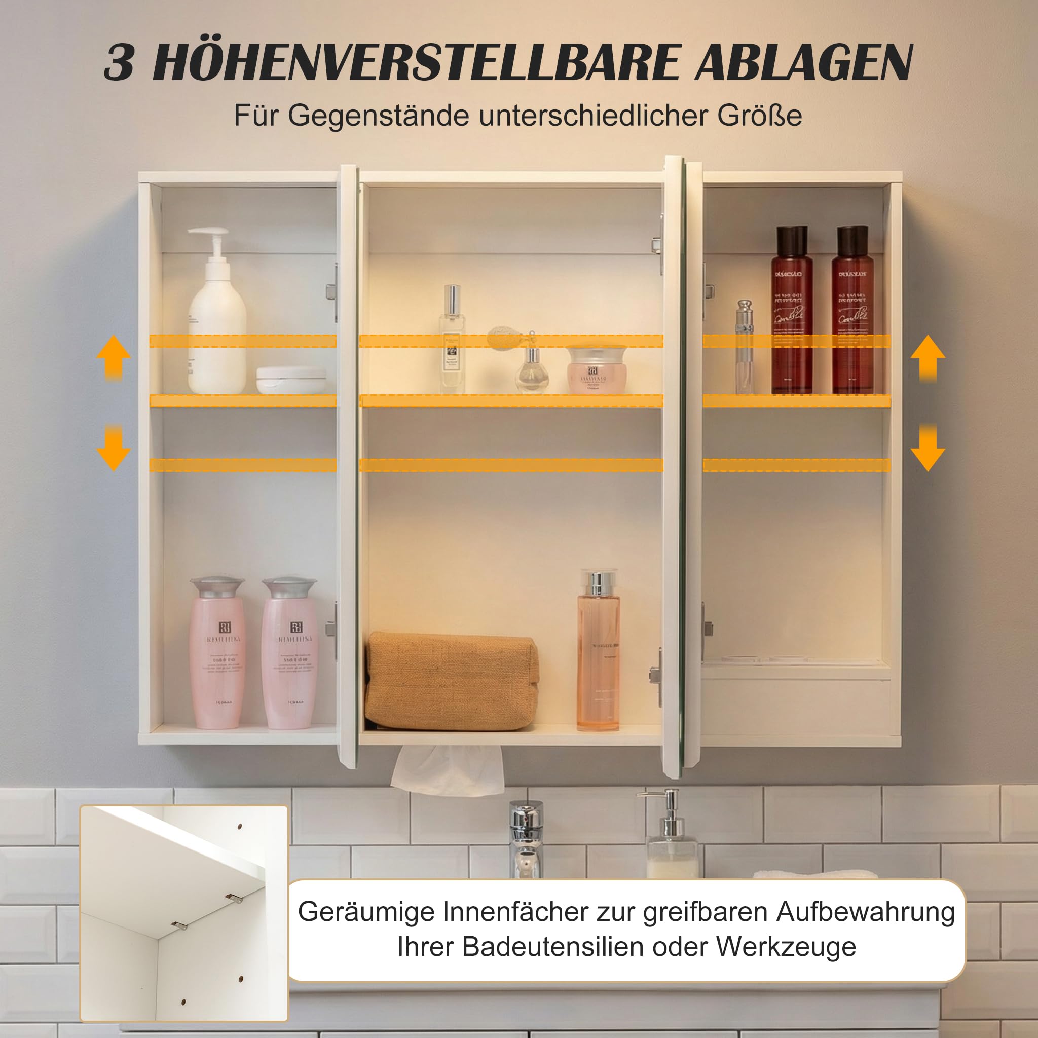 Thanaddo Spiegelschrank Bad mit LED Beleuchtung 80x60cm, Badezimmerschrank mit 6 Regal 3 Tür, Badschrank mit LED Badspiegel, 3 Farben Dimmbar