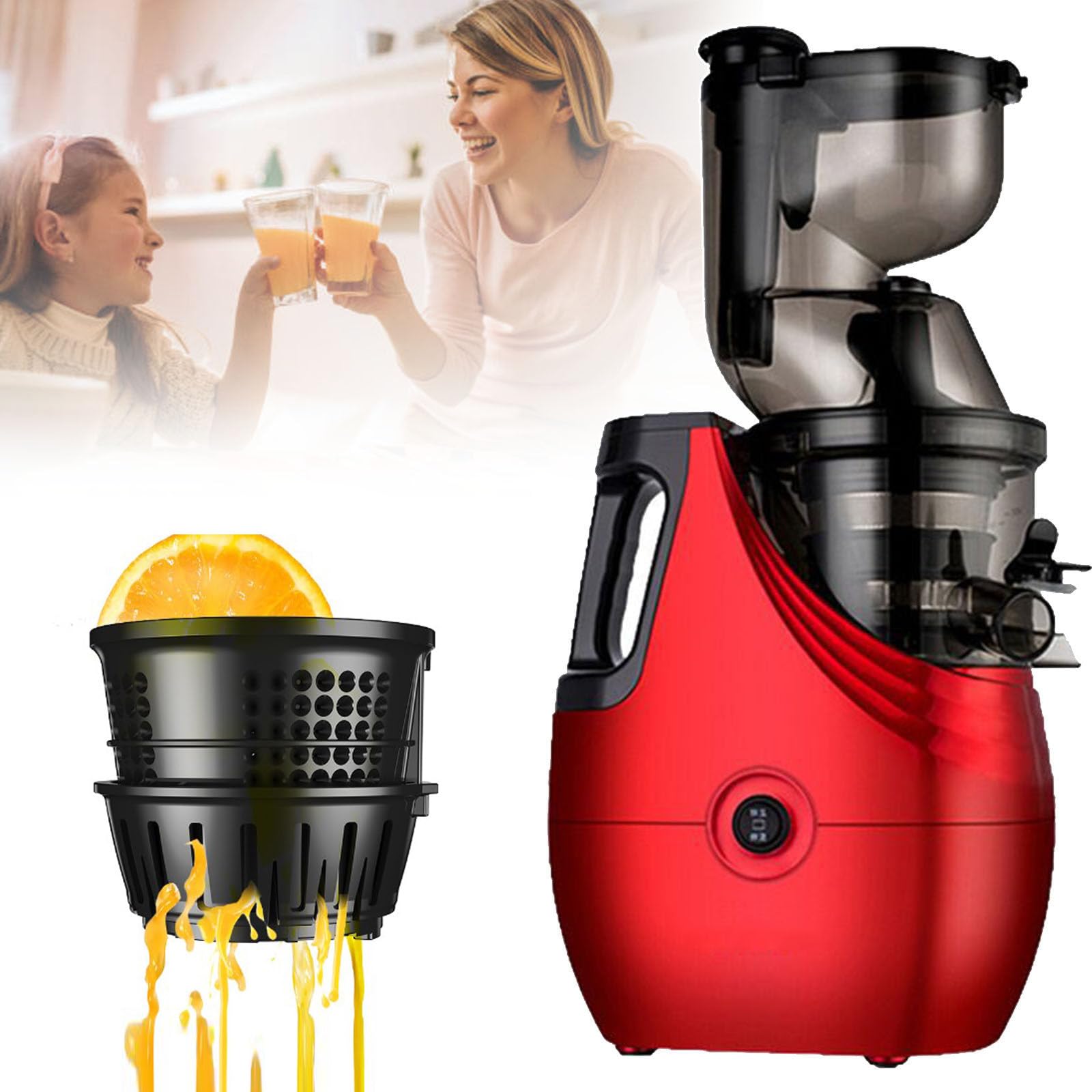 Slow Masticating Juicer – wyciskarka do owoców i warzyw – duży kaliber 86 mm, duża pojemność 1000 ml, cichy silnik, materiał ze stali nierdzewnej – łatwy do czyszczenia, czerwony