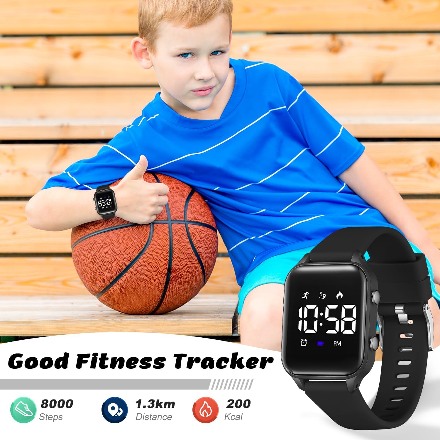 Orologio digitale per bambini, con contapassi, impermeabile, sportivo, per ragazzi, ragazze, adolescenti, fitness tracker tutto in uno con sveglia silenziosa a vibrazione, contapassi, calorie
