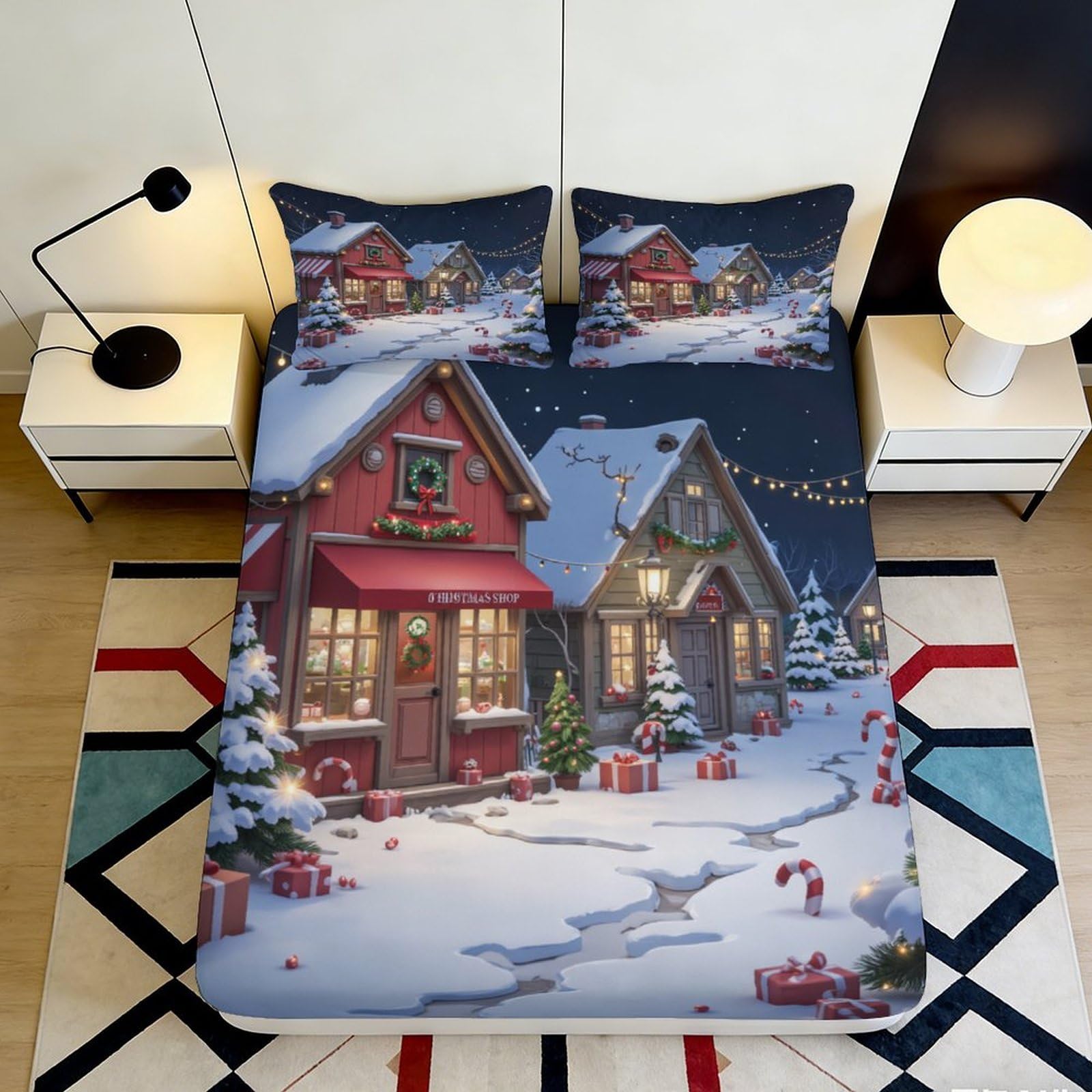 3D Printed Christmas Village Fitted Sheet Microfiber Soft Durable Snow Night Bed Cover for Bedroom Guest Room Dormitory Mattress Protection 200x200x25cm