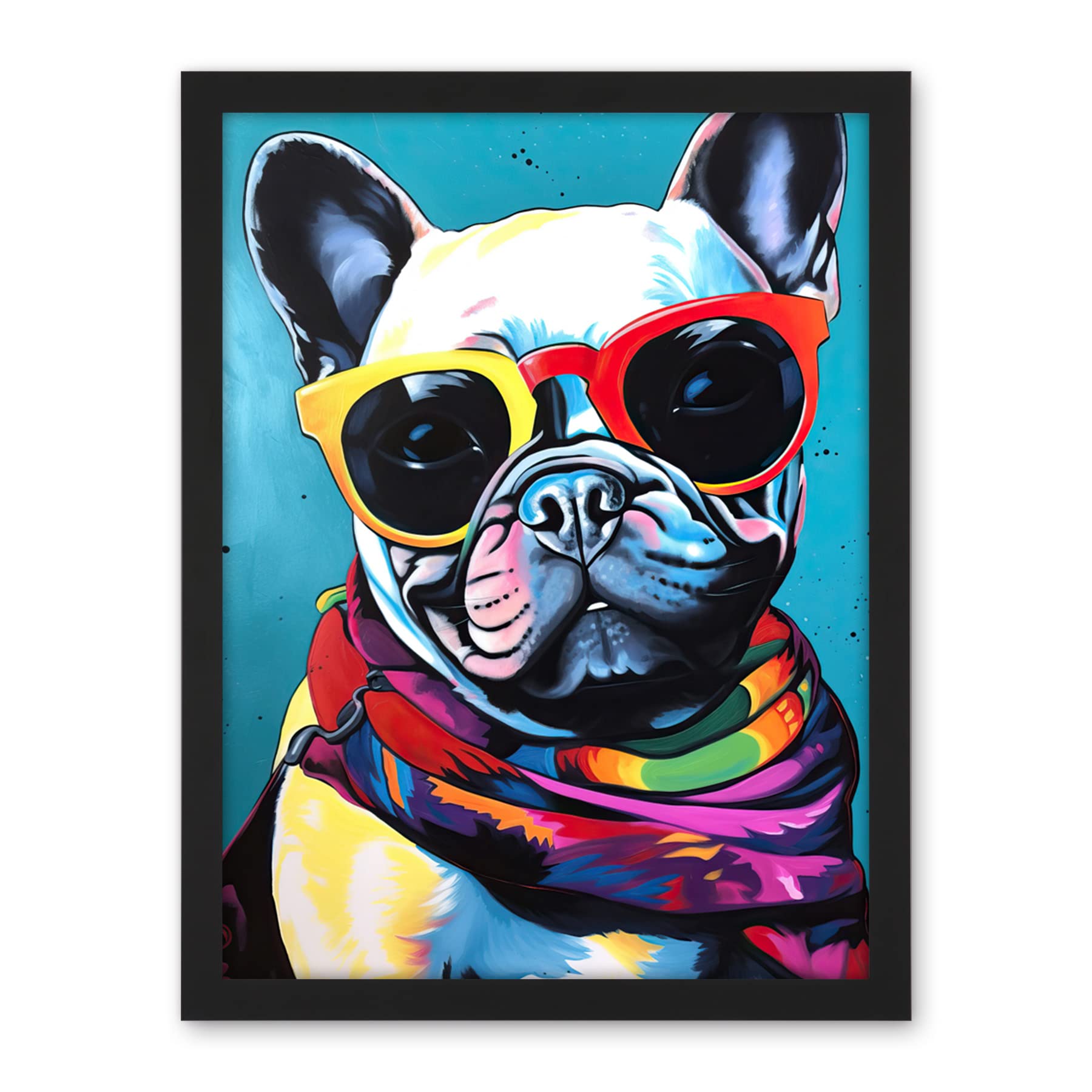 Artery8 French Bulldog in Sunglasses and Bandana Folk Art Artwork Framed Wall Art Print 18X24 Inch