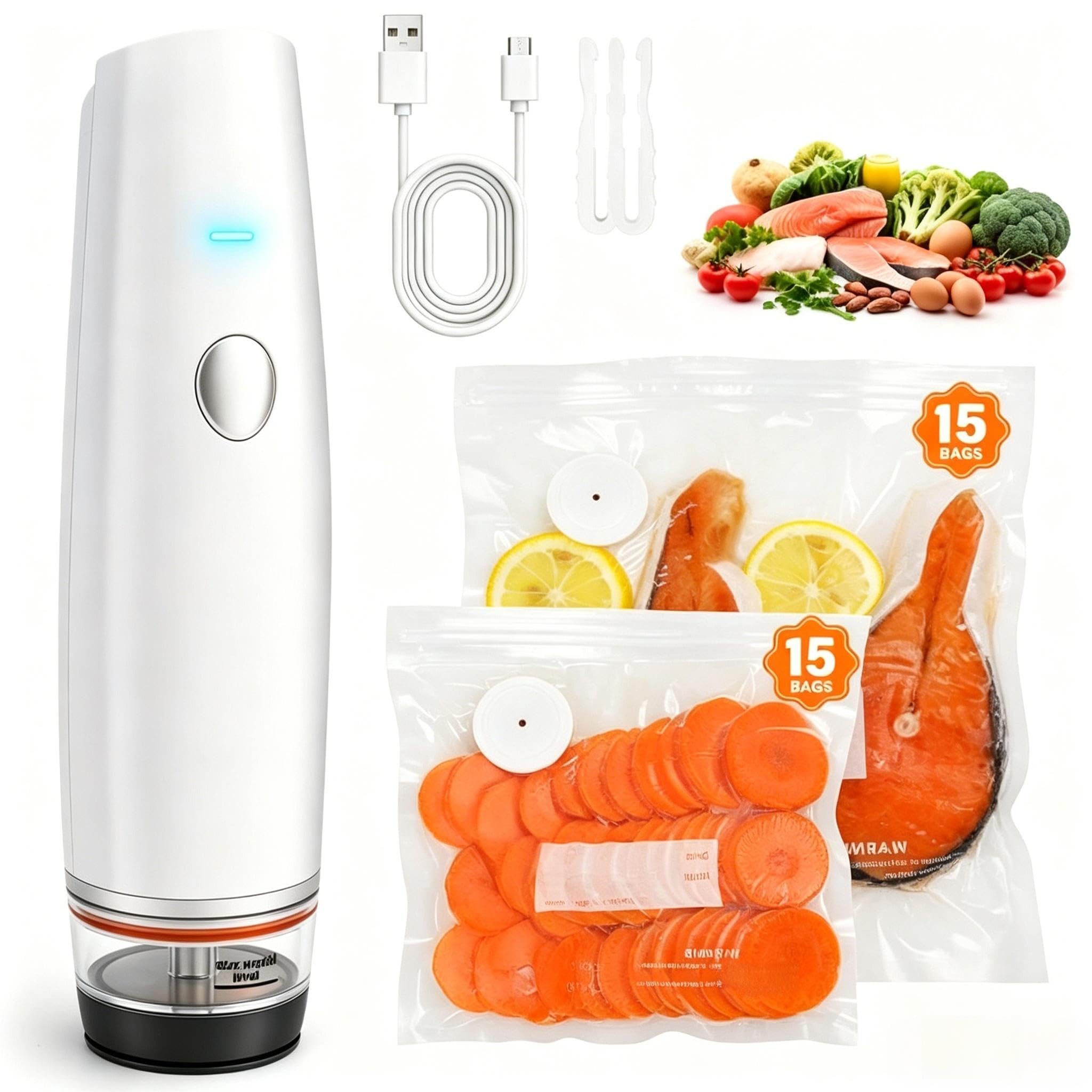 View 1 of -80kPa Compact Vacuum Sealer for Food (Vacuum Sealer Machine + 30 Reusable Bags), 1200mAh Rechargeable Handheld Vacuum Sealer Machine Portable Mini Food Sealer for Sous Vide & Meal Prep-cold white