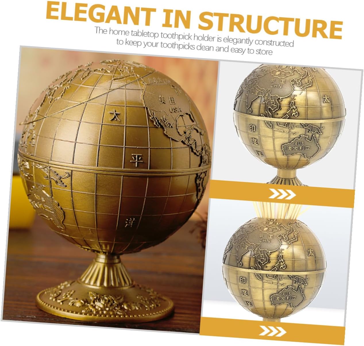 Press-type Toothpick Dispenser Sphere Shape Holder with Lid Vintage Copper Toothpick Organizer for Home Dining Table 360° Rotating Creative Desktop Container
