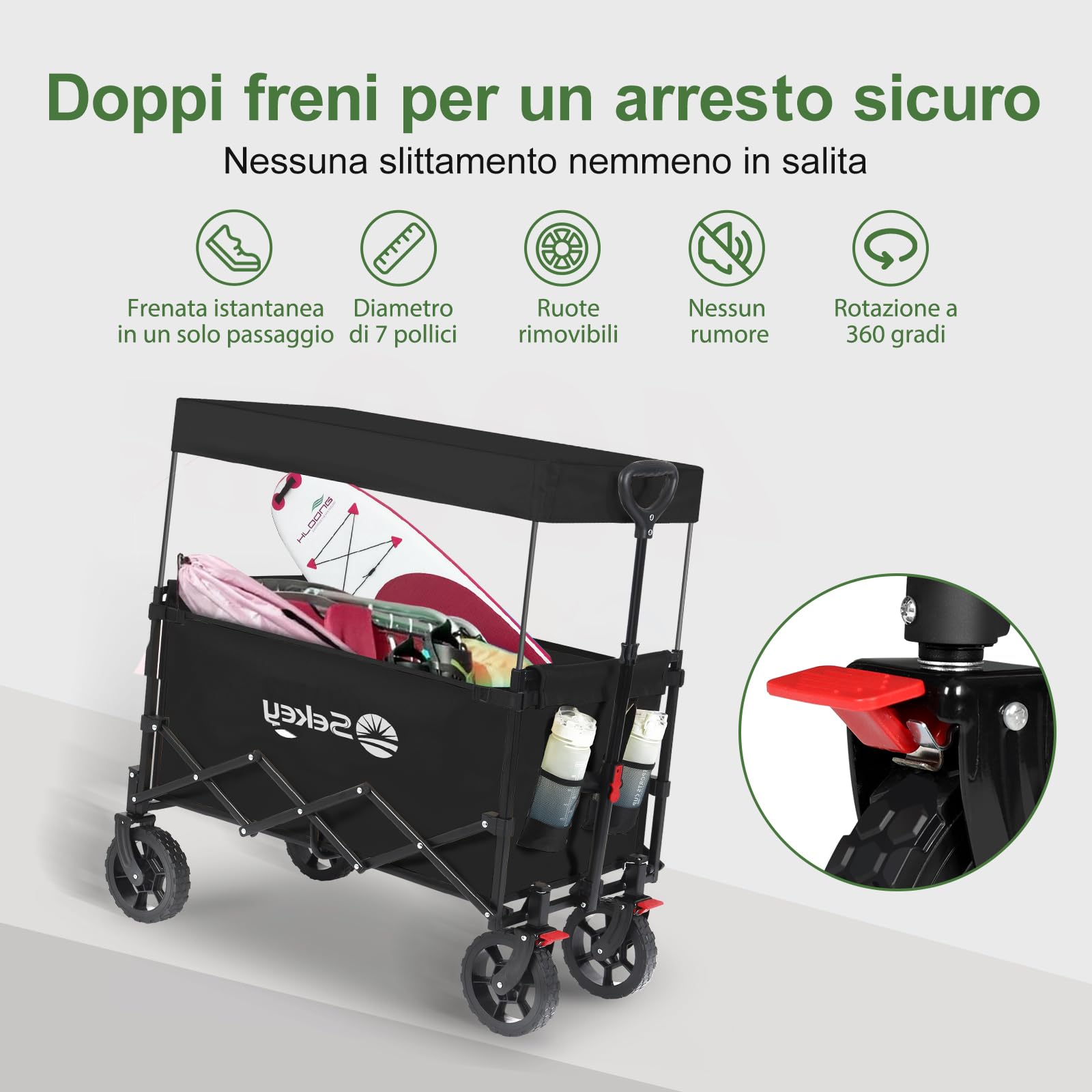 Sekey XXL Carrello Spiaggia con Tetto 150L 150KG, Carrello Pieghevole per Bambini, Carrelli Pieghevole con Ruote con Protezione Solare per Spiaggia Campeggio SE 4018, Nero