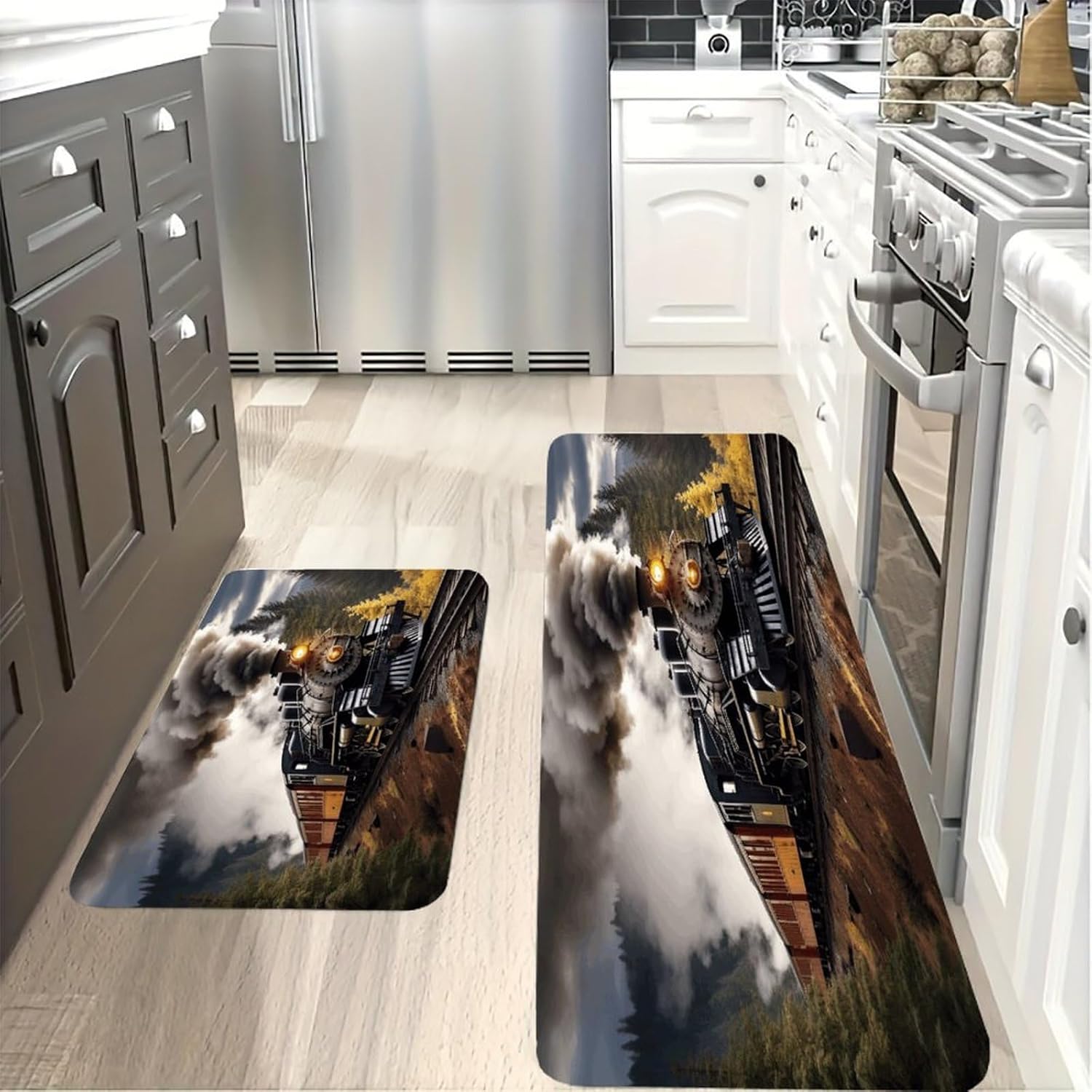 Steam Train Kitchen Mat Washable Non Slip Rugs Soft Kitchen Mats for Floor Set of 2 PCS Cushioned Absorbent Runner Standing Rugs for Home Sink Laundry Office