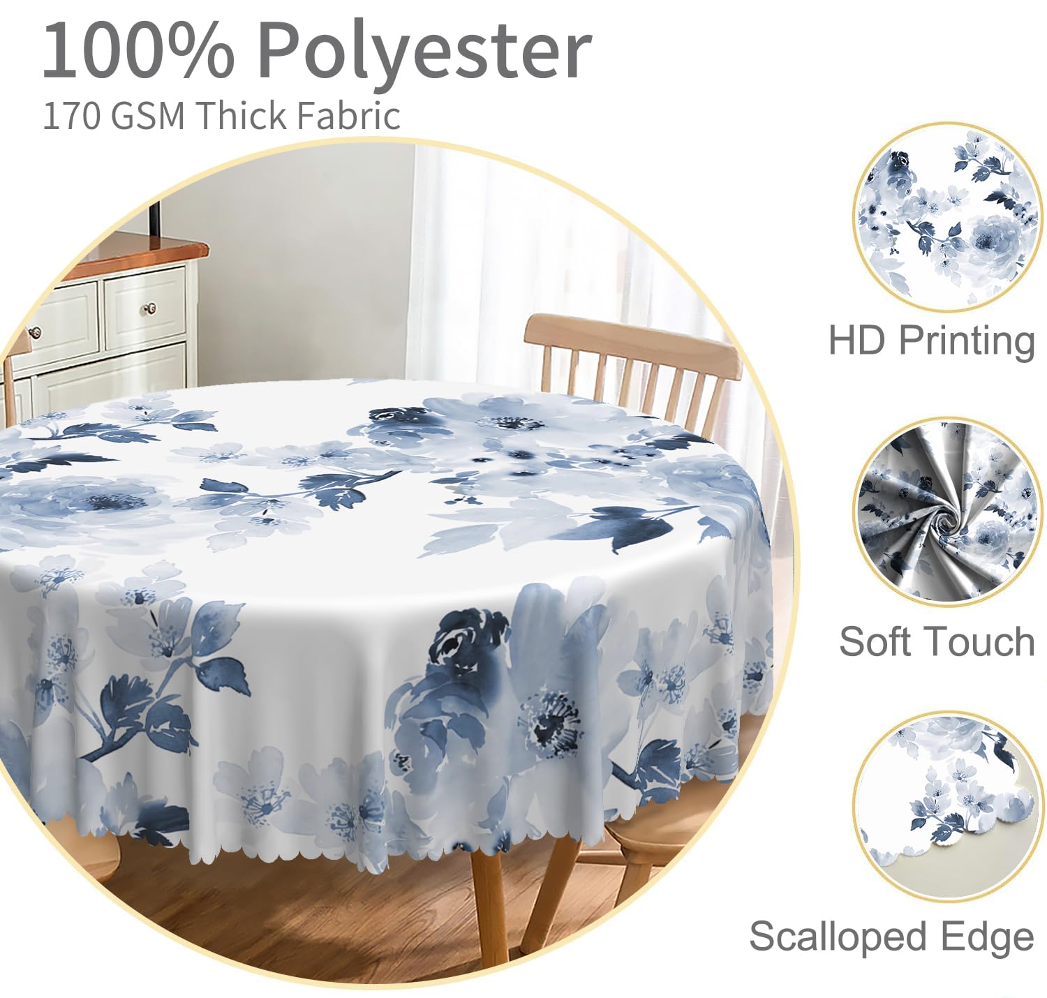 Mantel redondo floral azul acuarela de 60 pulgadas, estampado de flores azul marino y blanco, mantel circular de arte moderno, mantel de tela impermeable para el hogar, cocina, comedor, patio,