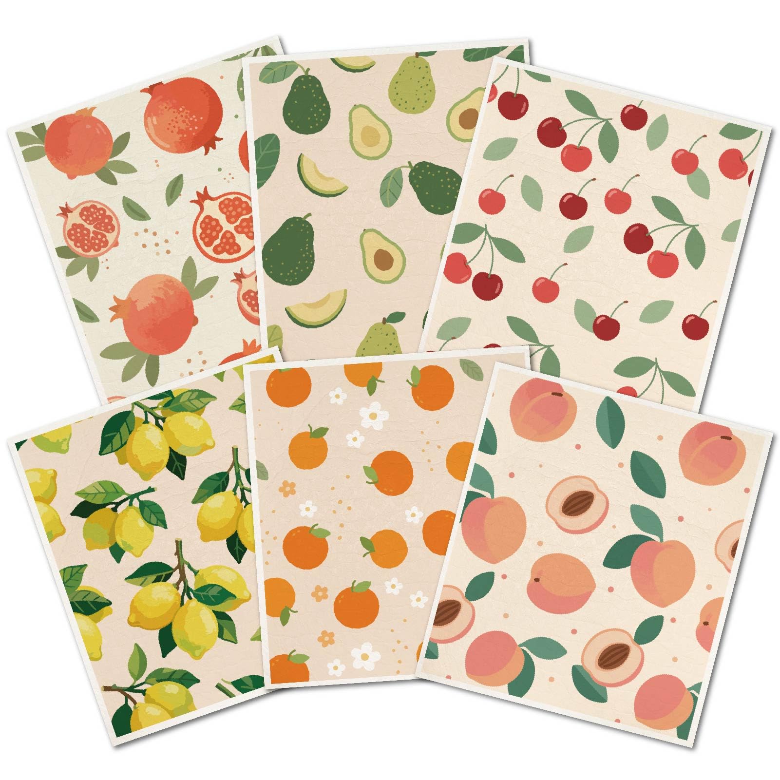 PRESSINART 6Pcs 6 Styles Fruit Dish Cloth Swedish Kitchen Dishcloths Reusable Wash Towels Lemon Avocado Peach Orange Cherry Pomegranate Mixed Pattern Rectangle Cellulose Sponge for Kitchen Cleaning