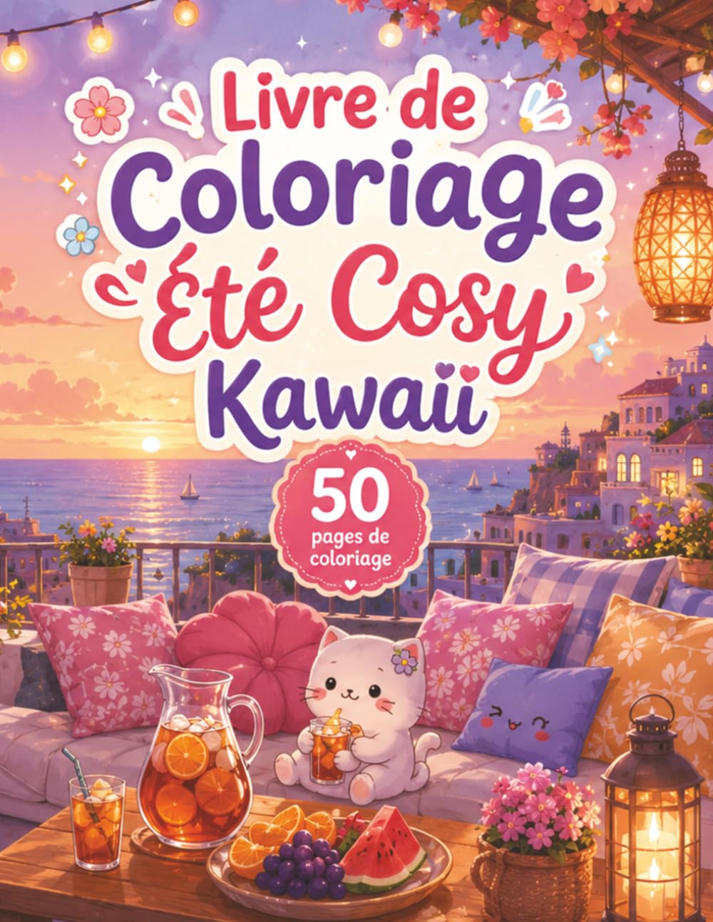 Livre de Coloriage Été Cosy Kawaii: 50 illustrations de vacances relaxantes pour adultes et ados — fruits, fleurs, plage et instants doux