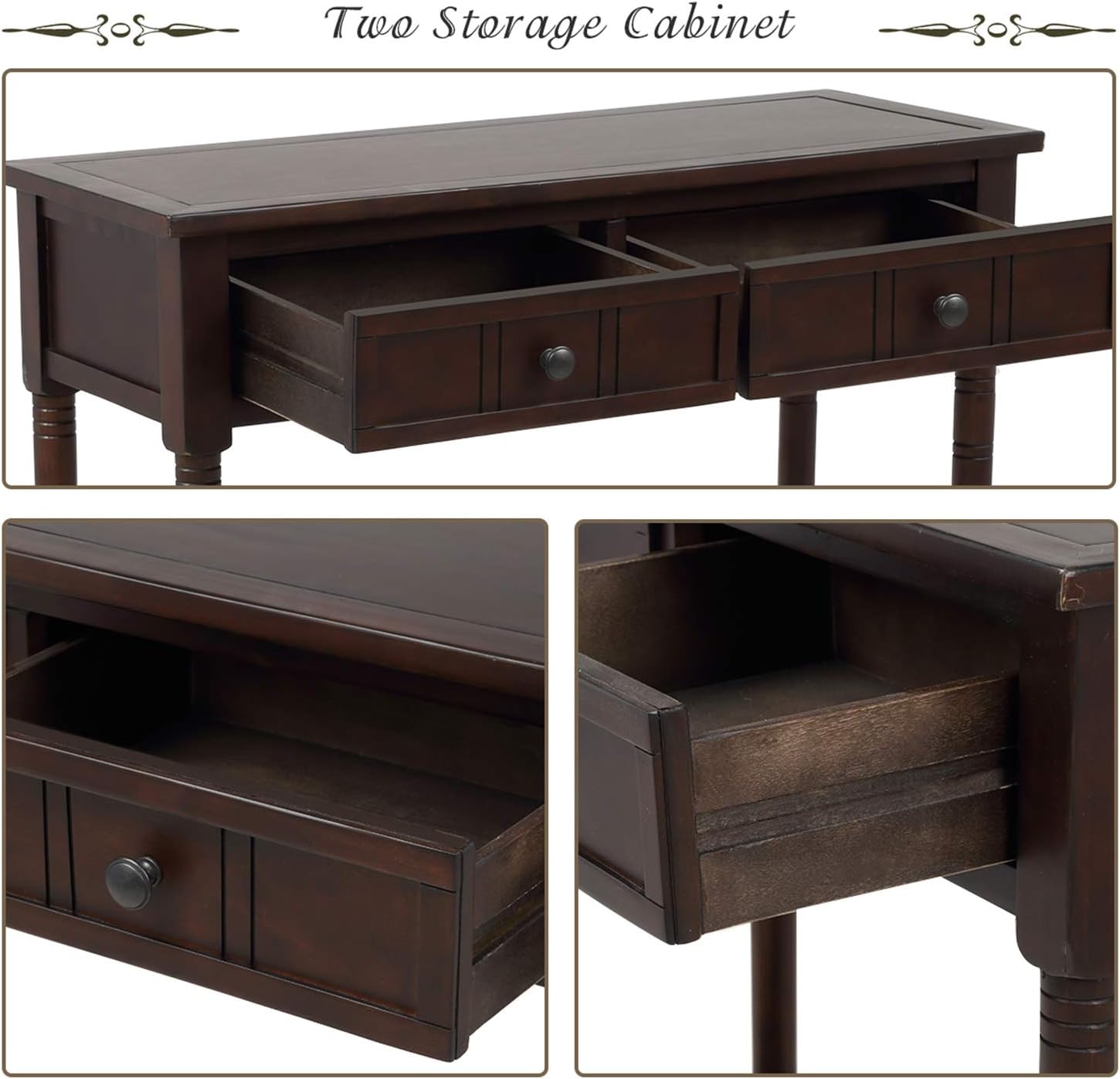 P PURLOVE Sofa Table Antique Style Wooden Console Table with 2 Drawers and Bottom Shelf (Dark Espresso)