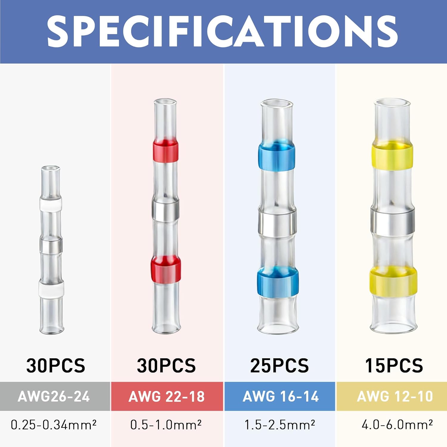 Heat Shrink Solder Seal Wire Connectors Kit 100Pcs 26-10 AWG Waterproof Butt Connector Heat Shrink Electrical Terminals, Insulated Solderless Wiring Splice Connectors for Marine Automotive Boat Truck