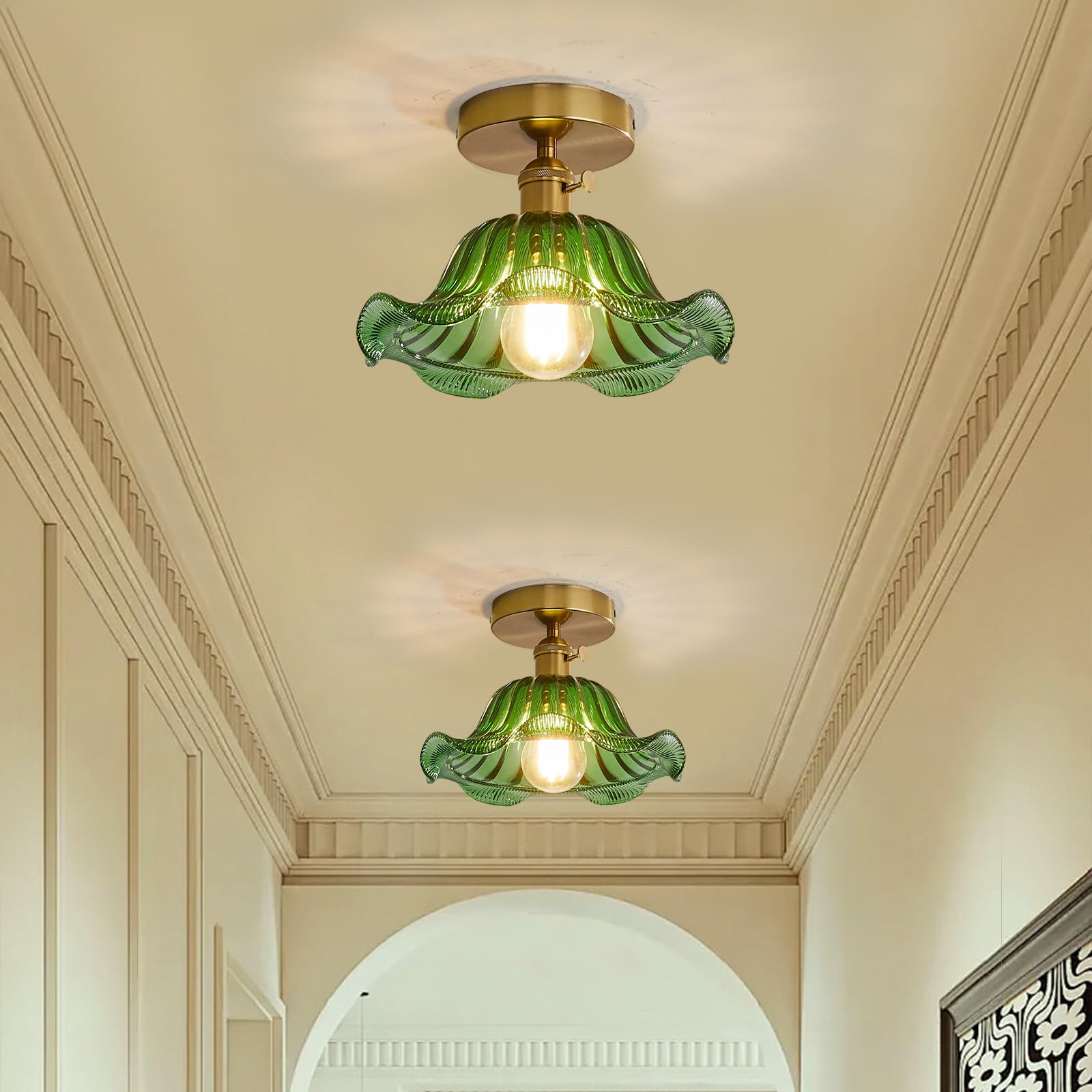 Dellemade Pack of 2 Ceiling Light Glass Shade Chandelier Semi Flush Ceiling Lighting Fixture (4117-2 Green)