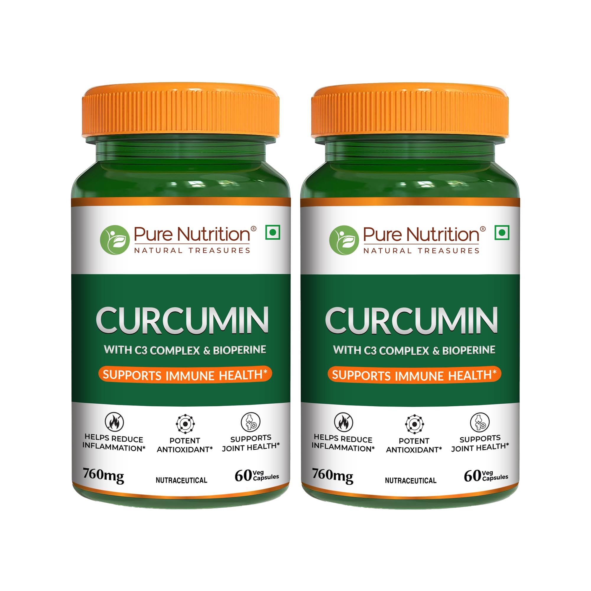 Pure Nutrition Curcumin C3 Complex Supplement - 120 Caps (60x2) | Anti Inflammation Turmeric Supplements 760mg with Black Pepper, Piperine, Amla & Sunthi | High Absorption Inflammatory Support (760mg)