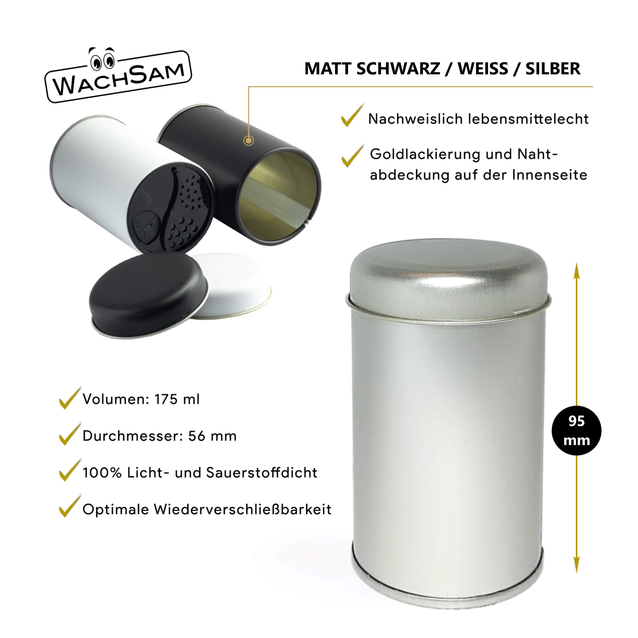 WachSam 12/24/48 Gewürzdosen Schwarz 175 ml mit 3-Fach Streueinsatz | Luftdicht verschließbar | Top Qualität aus Österreich und Deutschland