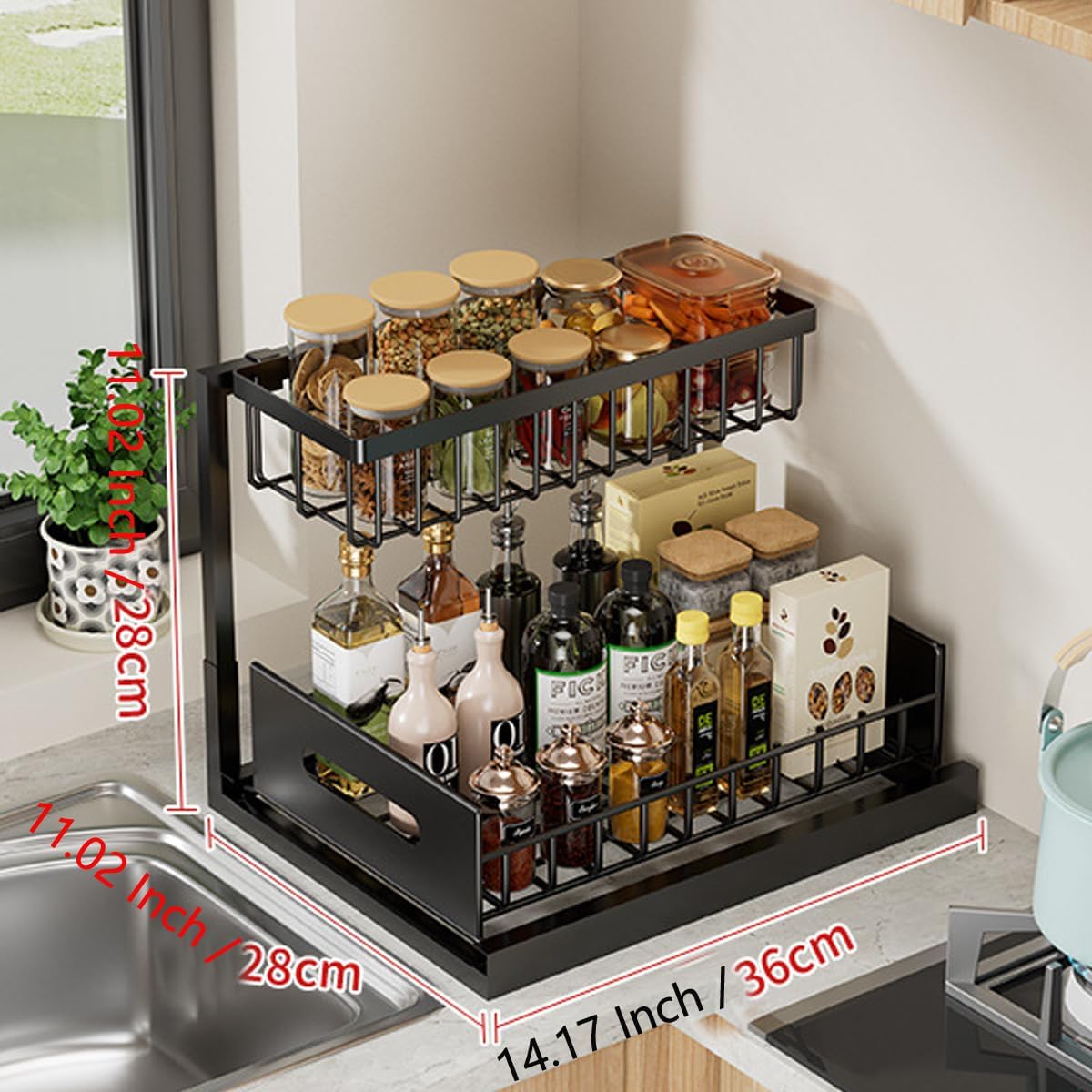 Black Under Sink Organizer, Pull Out Cabinet Storage Organizers 2 Tier Slide Out Sink Shelf Cabinet Storage Shelves, Storage for Kitchen Bathroom