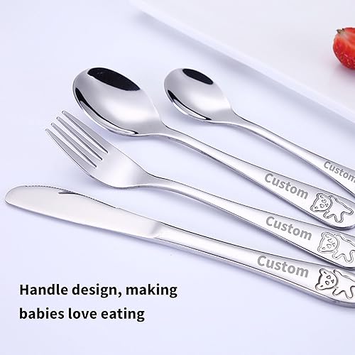 Miniatura 5 de Juego de cubiertos personalizados de 4 piezas para niños pequeños, cubiertos de acero inoxidable grabados de metal de 7 pulgadas, incluye tenedor,