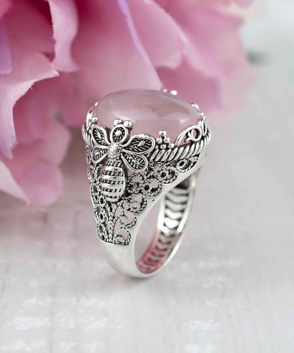 Filigranist 925 Sterling Silver Filigree Art Queen Bee Detailed Women Statement Ring with Gemstone, Gift Boxed