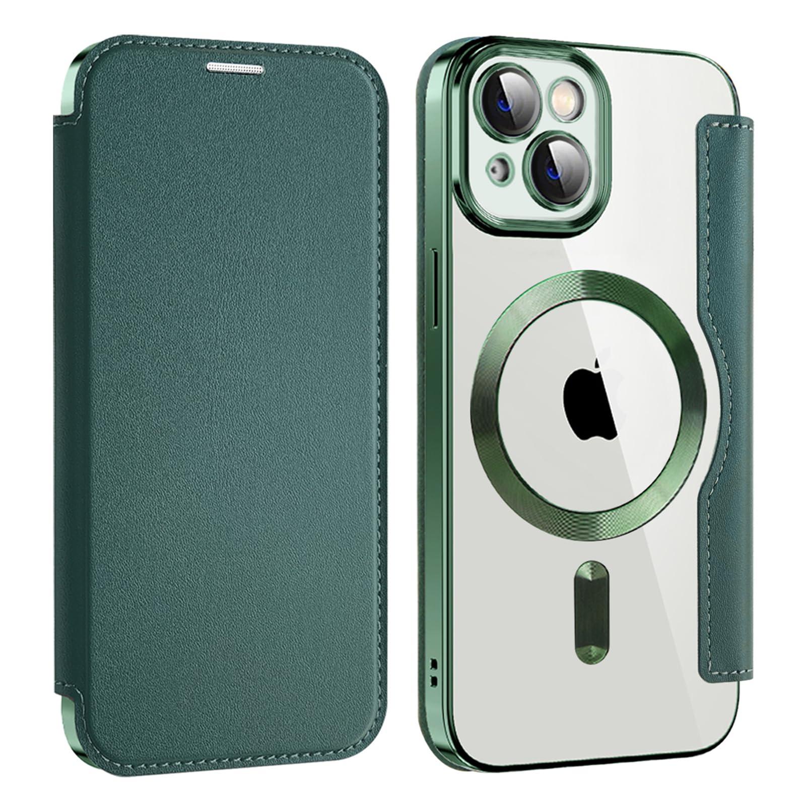 IMEIKONST Cover Magnetica per iPhone 14 con Slot per Carte, [Compatibile con MagSafe] [Blocco RFID] Custodia Portafoglio Flip Antiurto Trasparente Case per iPhone 14. Verde JDCX