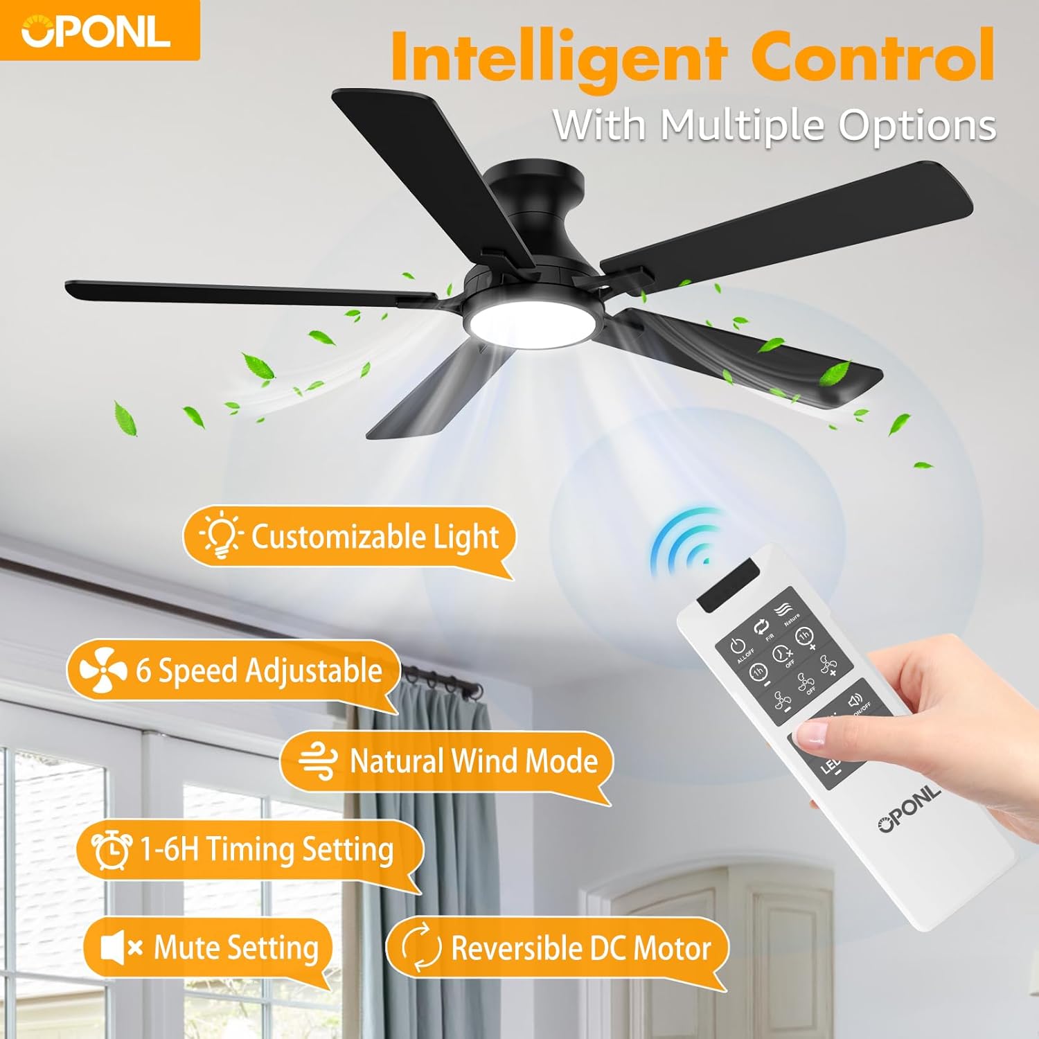 OPONL 52 Inch Ceiling Fans with Light, Black Ceiling Fan with Light and Remote Control, Dimmable LED, Noiseless DC Reversible Motor, Flush Mount, Low Profile Ceiling Fans for Indoor/Outdoor Use