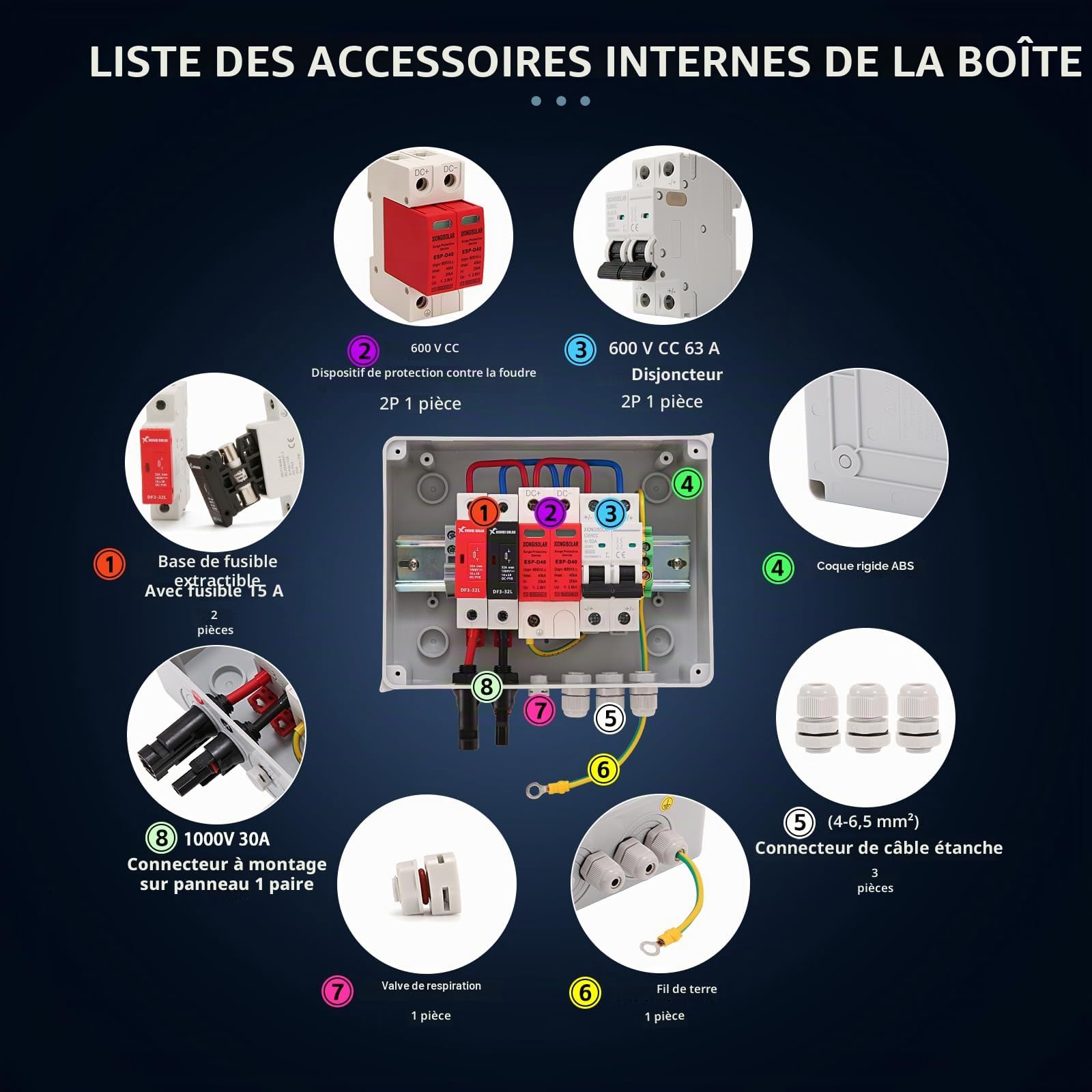 VOU Combinateur solaire DC 600 V pour panneau solaire, 1 chaîne avec connecteur parafoudre pour système de panneau solaire marche/arrêt, 1 entrée 1 sortie 15 A, disjoncteur 63 A, étanche