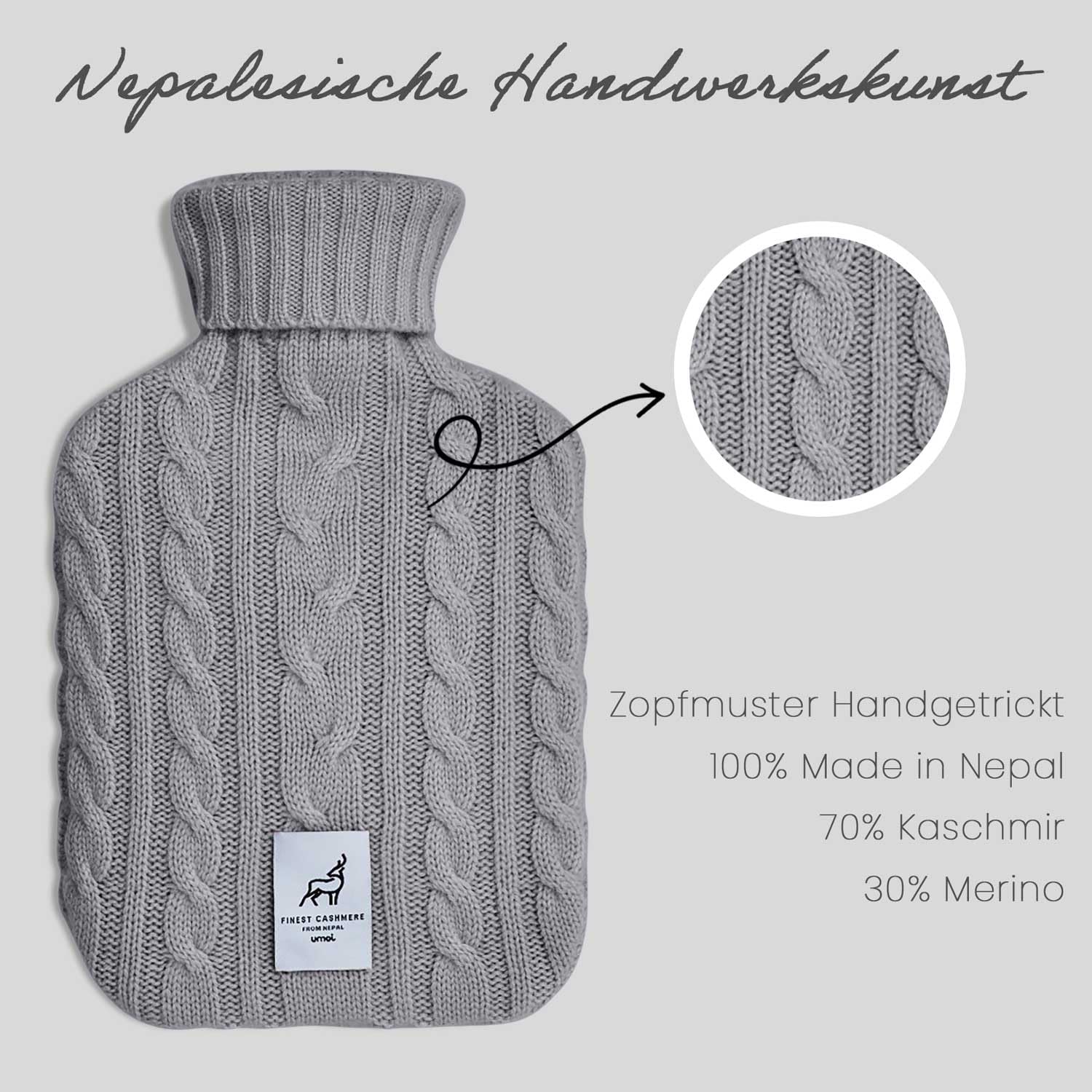Öko Kaschmir-Merinowolle Wärmflasche Luxus Wärmeflasche - TÜV Rheinland getestet 2Liter (Grau)
