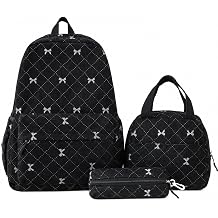 Cute Bow Print Corduroy Backpack Set, Coquette Aesthetic All-Over Bow Pattern Bookbag with Handbag and Pencil Pouch black