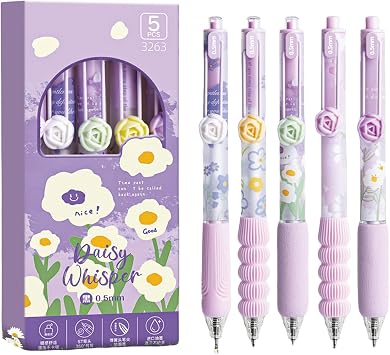 MOZXIRZ 5 Pcs Gel Ink Pens Retractable Pens Cute Flower Pen 0.5mm Black Ink Writing Pen Office School Supplies Aesthetic Pens for Women Girls Purple
