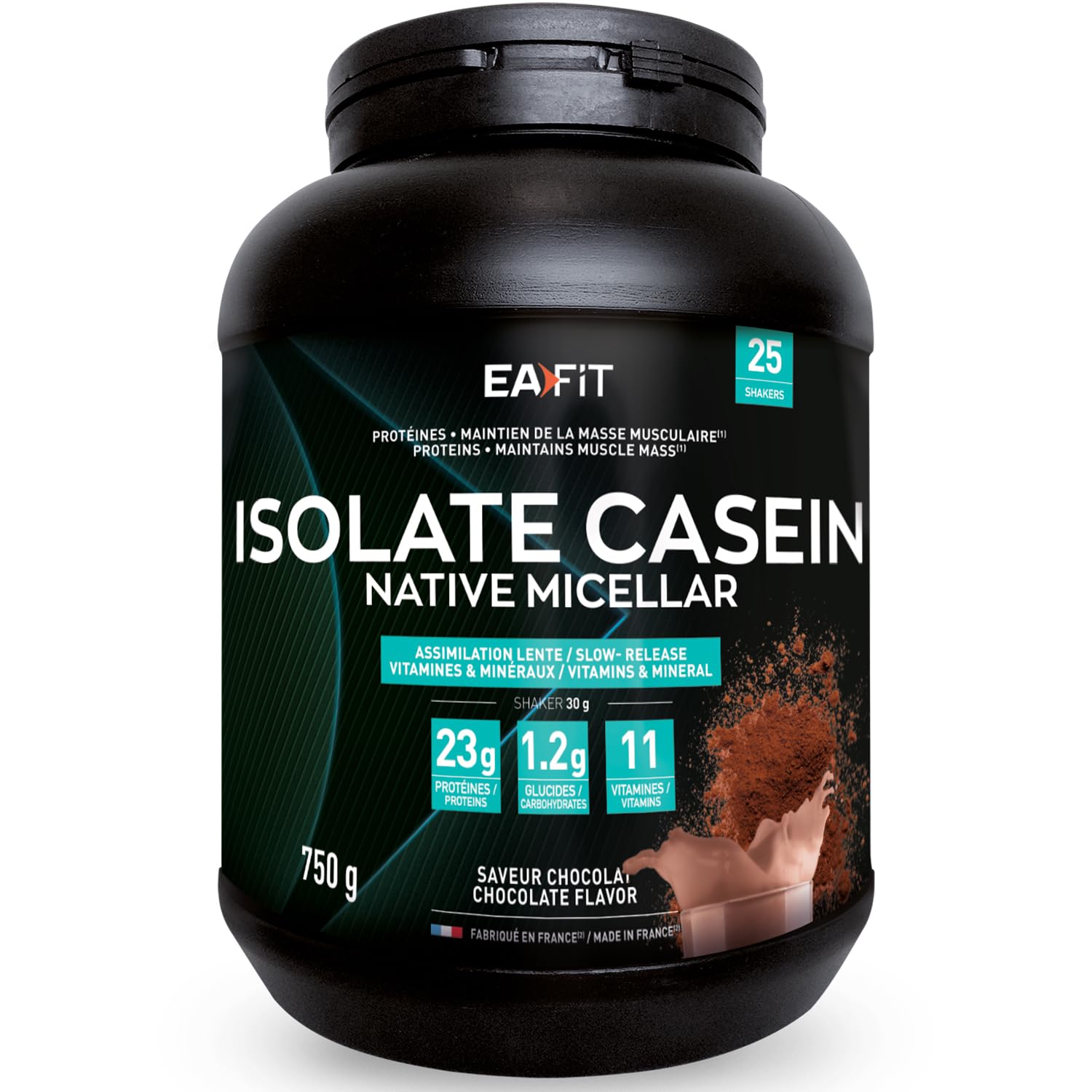 EAFIT | ISOLATE CASEIN NATIVE 750g | Assimilation lente caseine 100% micellaire + Vitamines et Minéraux (magnesium) | Riche en proteine | En poudre à mélanger dans un shaker pour le sport | Chocolat