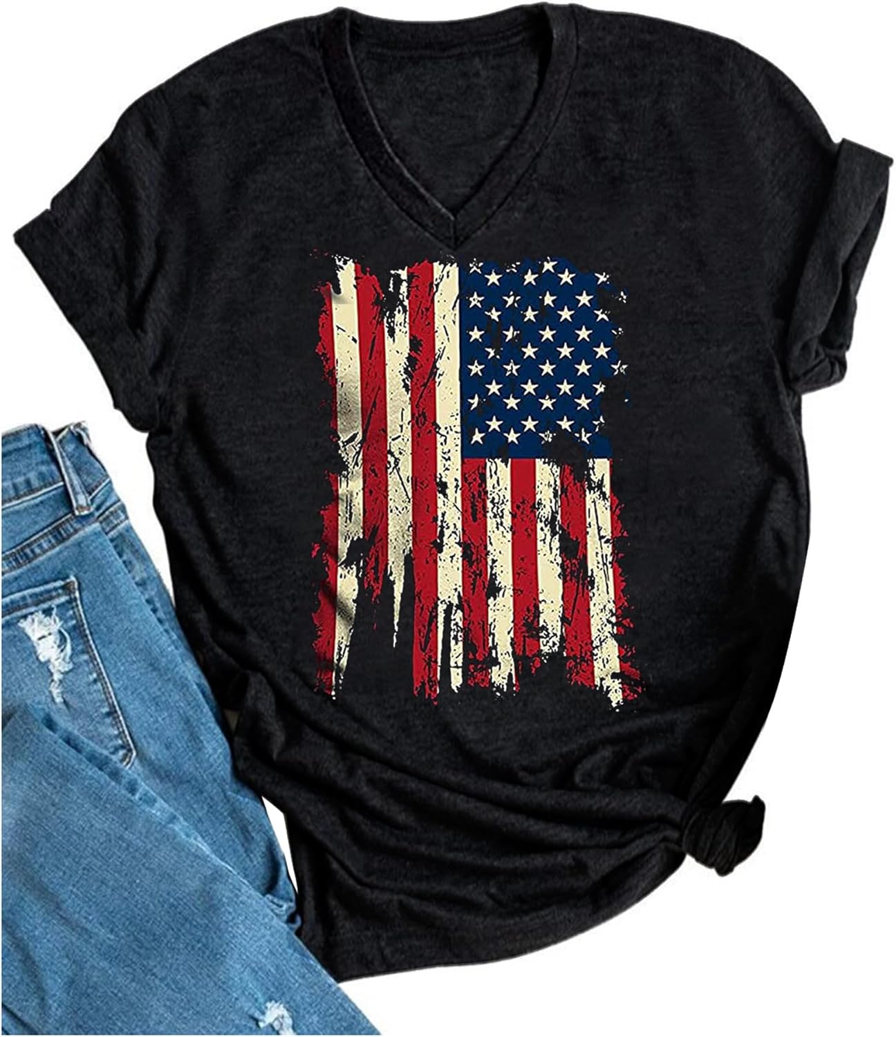 LANMERTREE American Flag Shirt Tops Womens 4th of July T-Shirts Short Sleeve Sexy V-Neck Patriotic Tees USA Flag Tops - Image 2